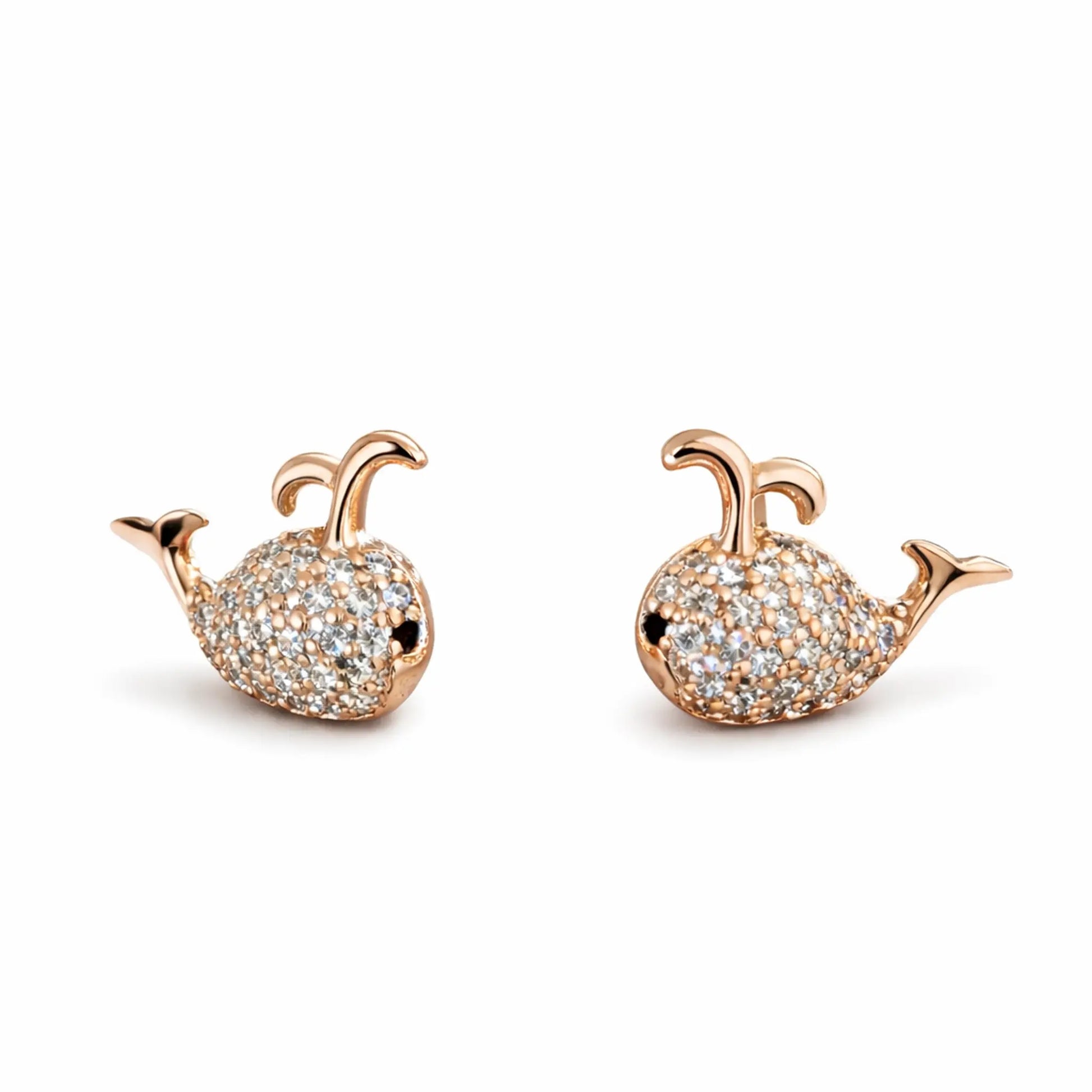 Close-up of anti-tarnish gold plated whale stud earrings highlighting pavé cubic zirconia stones and polished finish