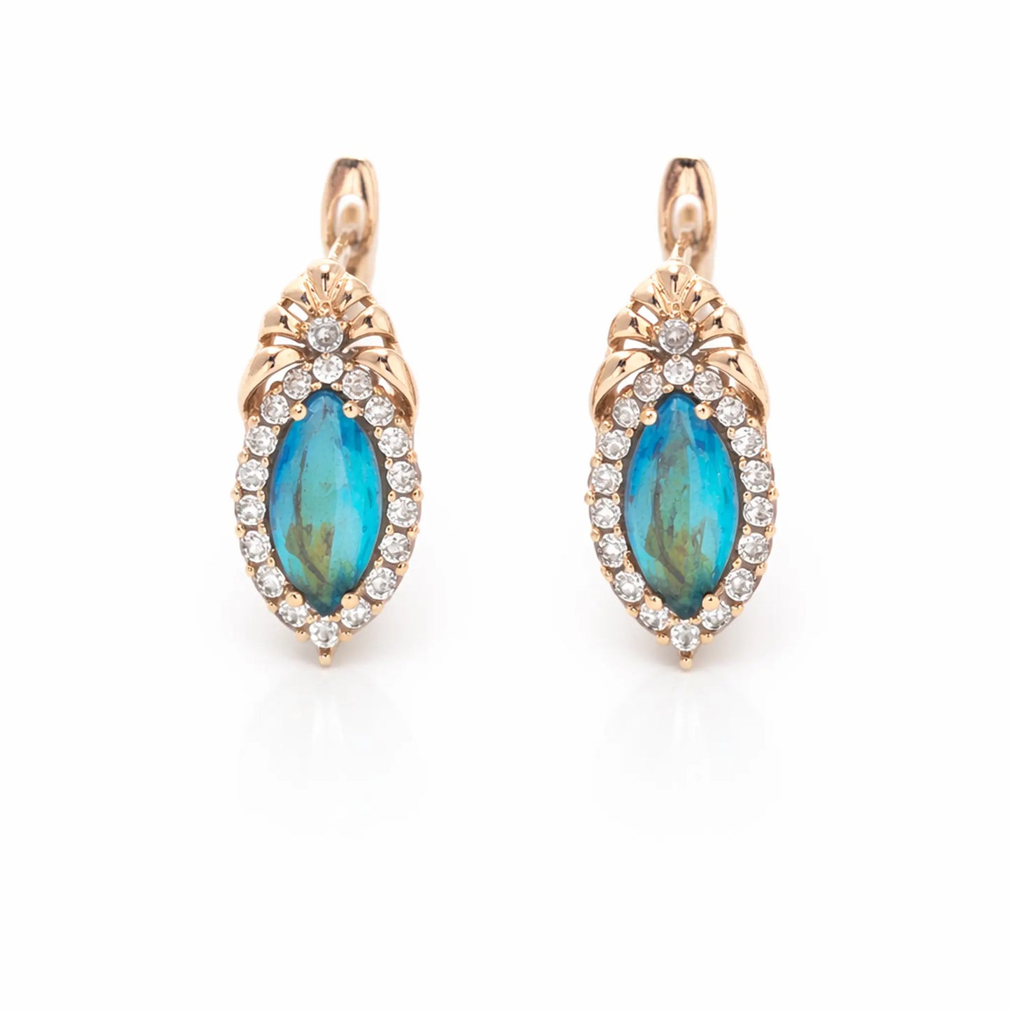 Anti tarnish gold polish blue stone drop earrings with crystal halo in rose gold finish