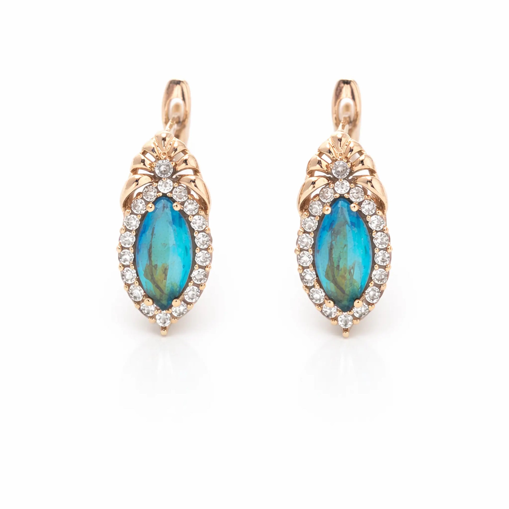 Anti tarnish gold polish blue stone drop earrings with crystal halo in rose gold finish
