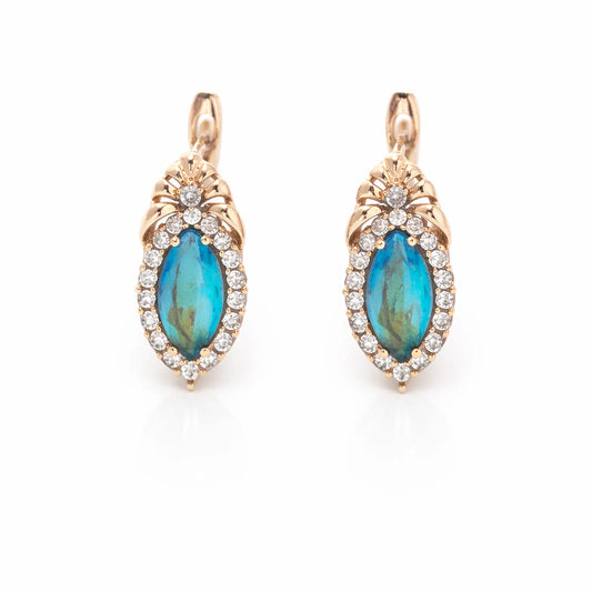 Anti tarnish gold polish blue stone drop earrings with crystal halo in rose gold finish