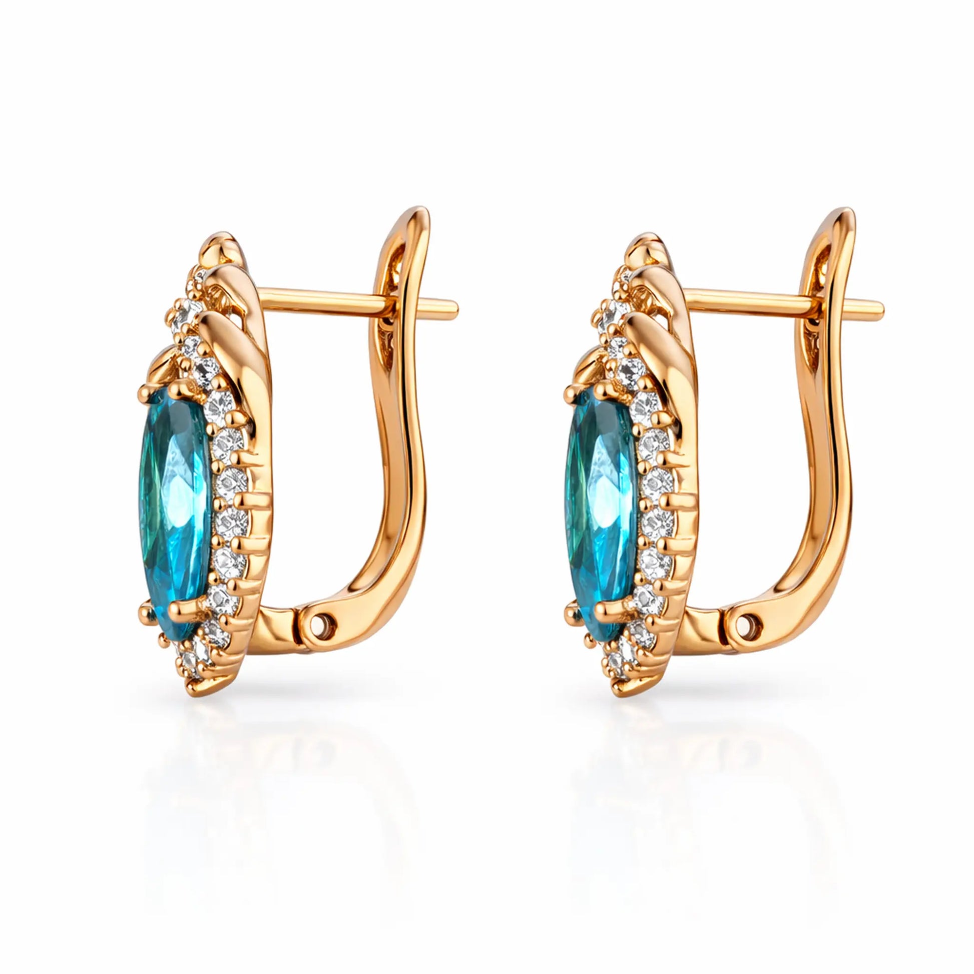 Side and back view of anti tarnish gold polish blue stone drop earrings in rose gold