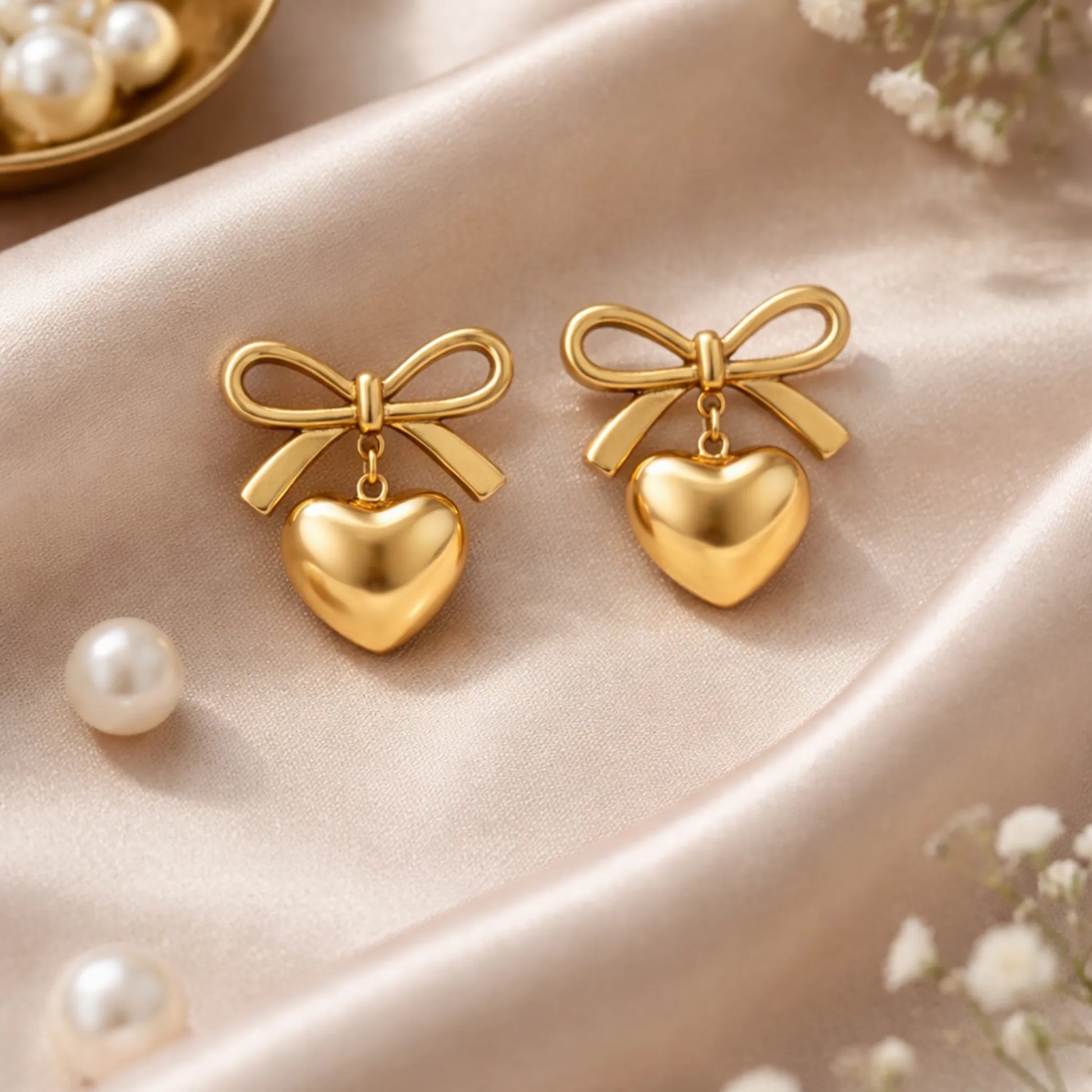 Gold heart-shaped earrings with bows on a beige fabric background