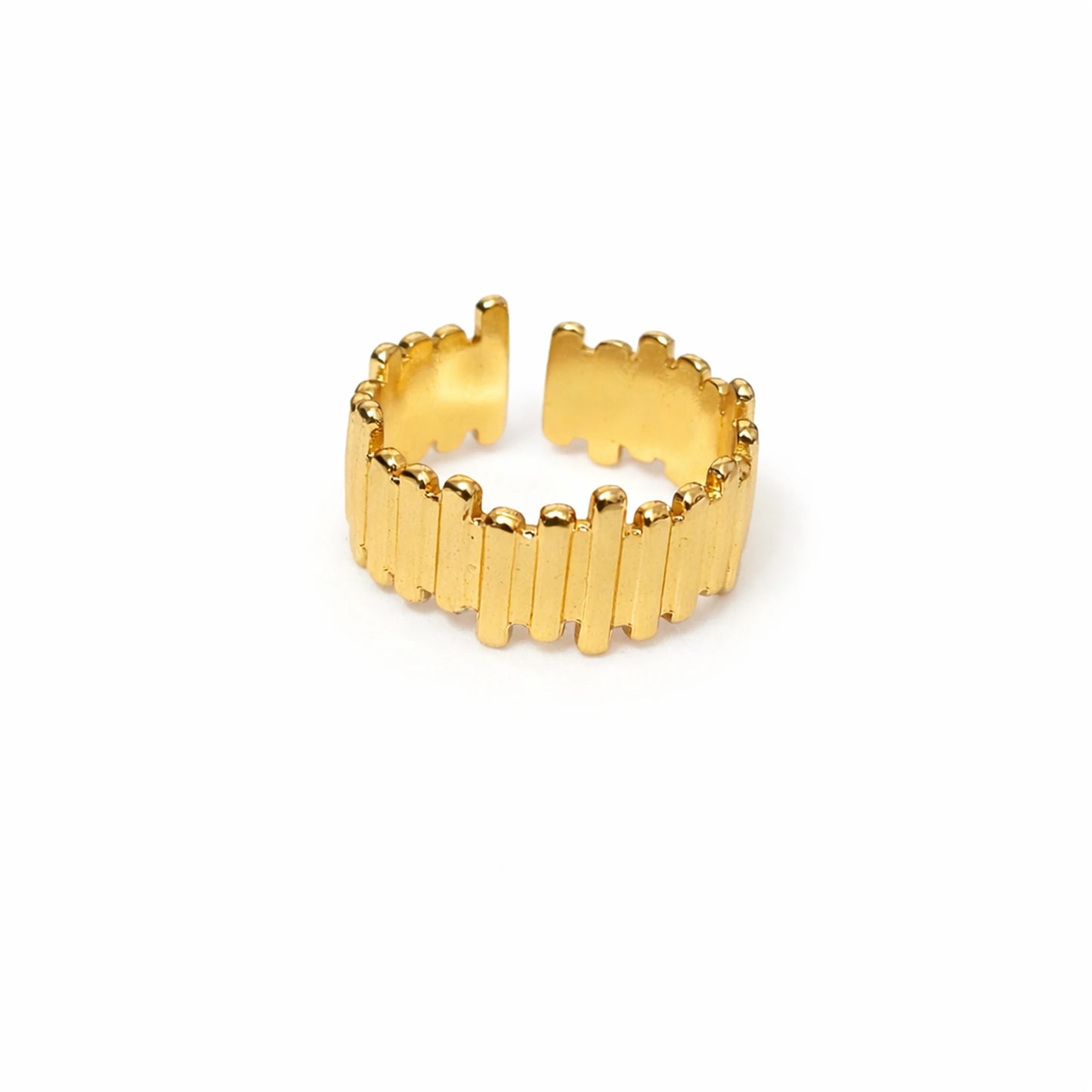 Adjustable open band gold ring with textured vertical bar pattern on white background – YUBIRAA