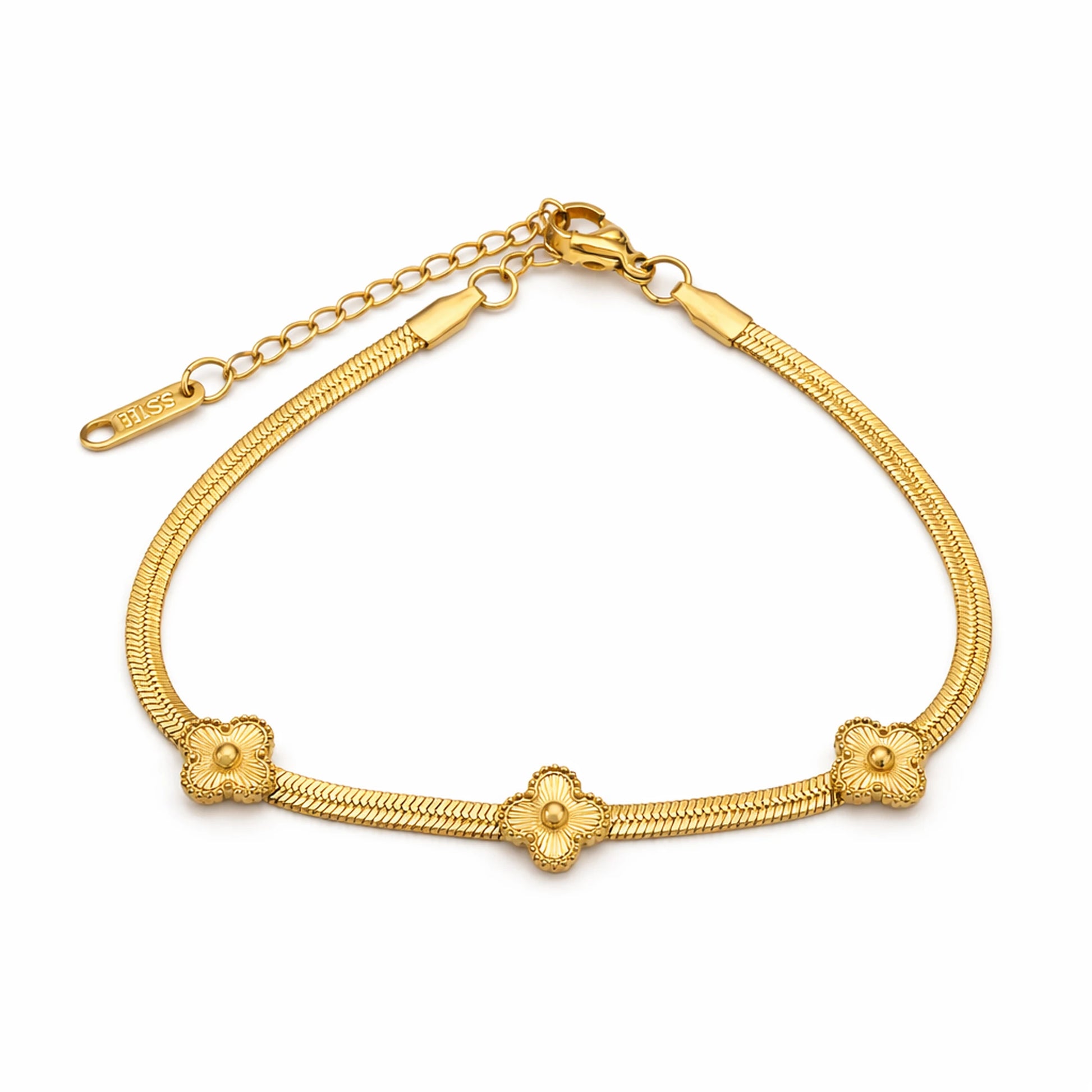 Gold bracelet with floral designs on a white background