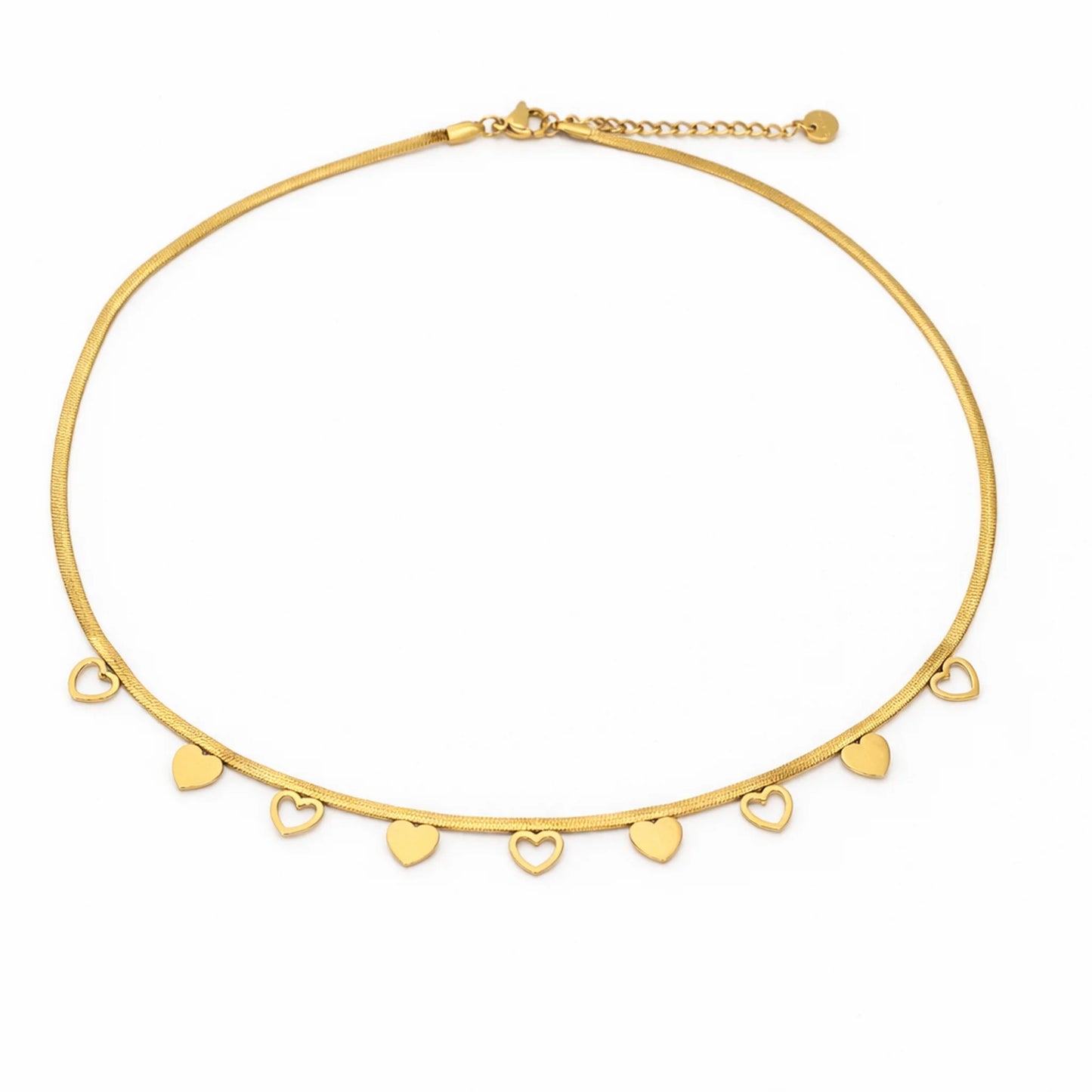 Gold necklace with heart-shaped pendants flat lay on a white background
