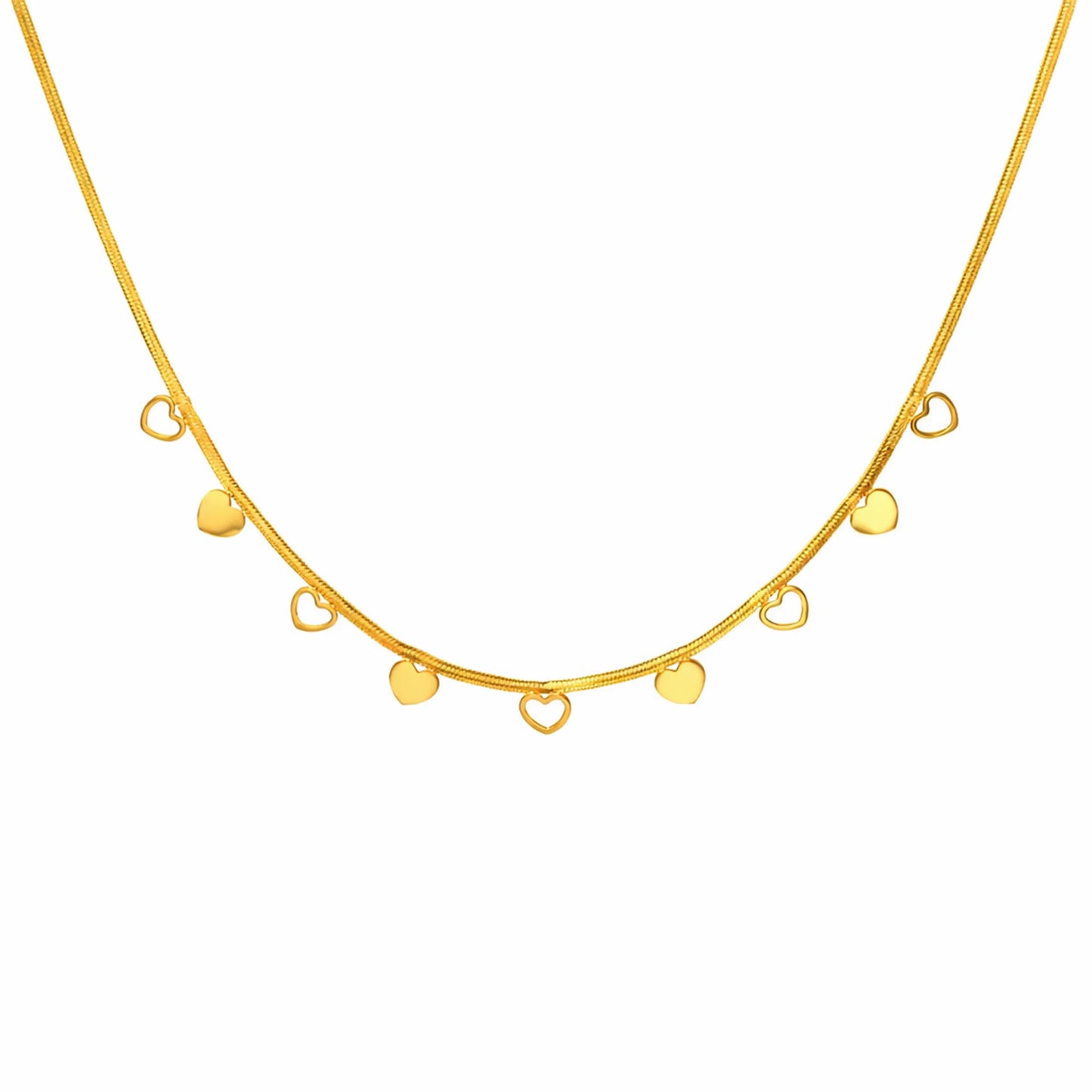 Gold necklace with closed heart and open heart pendants on a white background