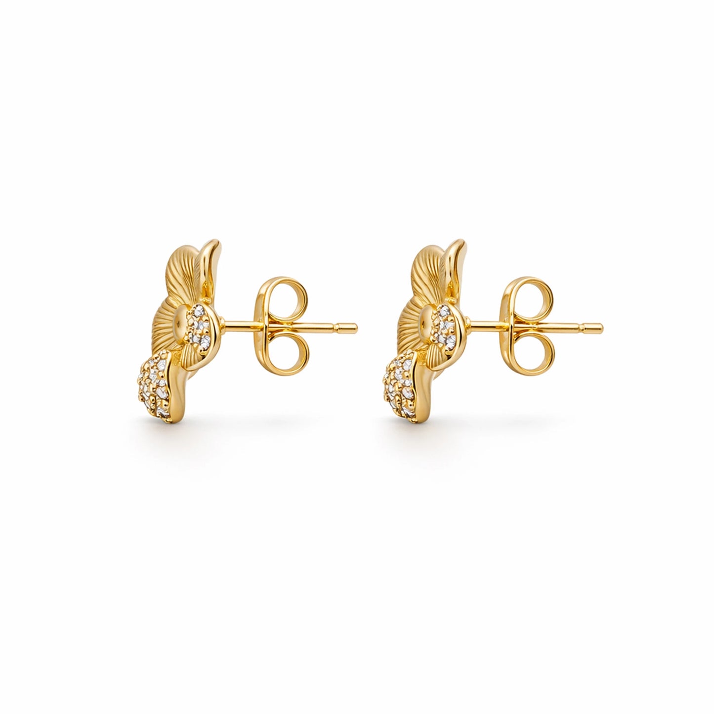 Gold earrings with intricate design on a white background