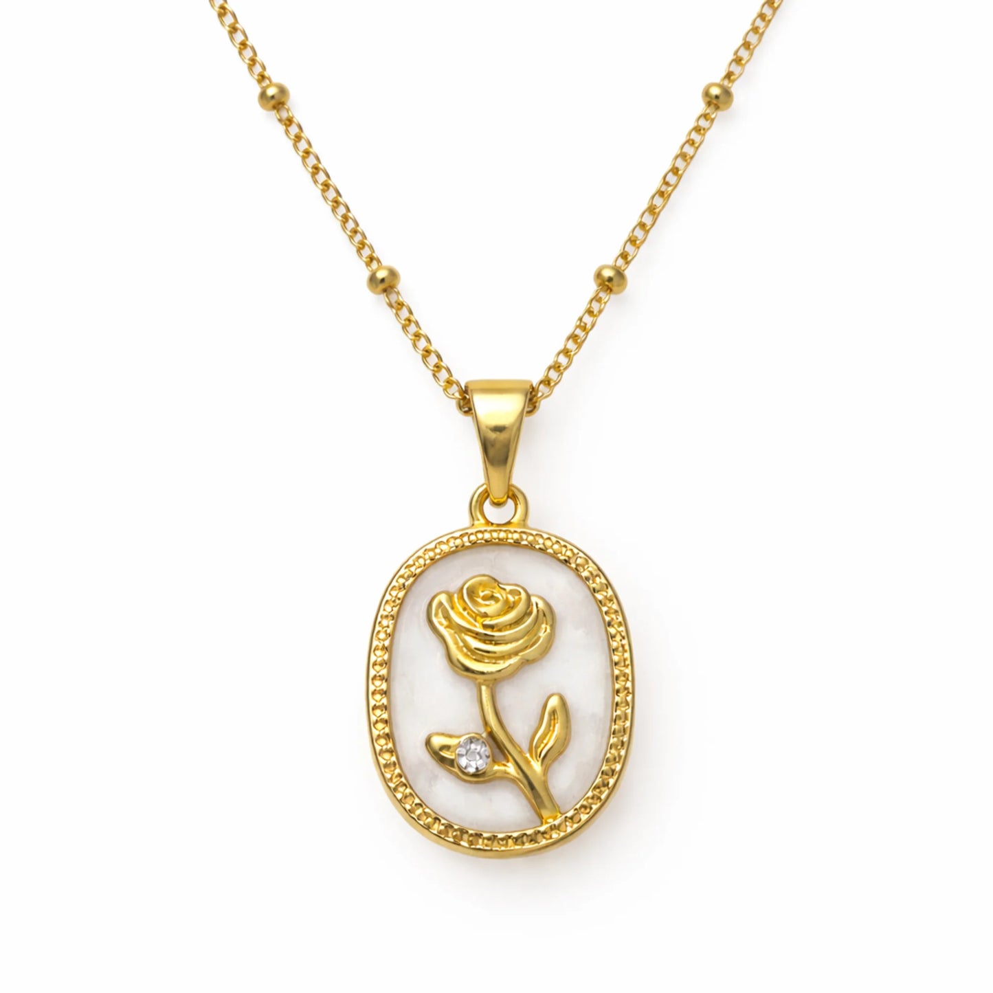 Gold necklace with a rose pendant on a white background