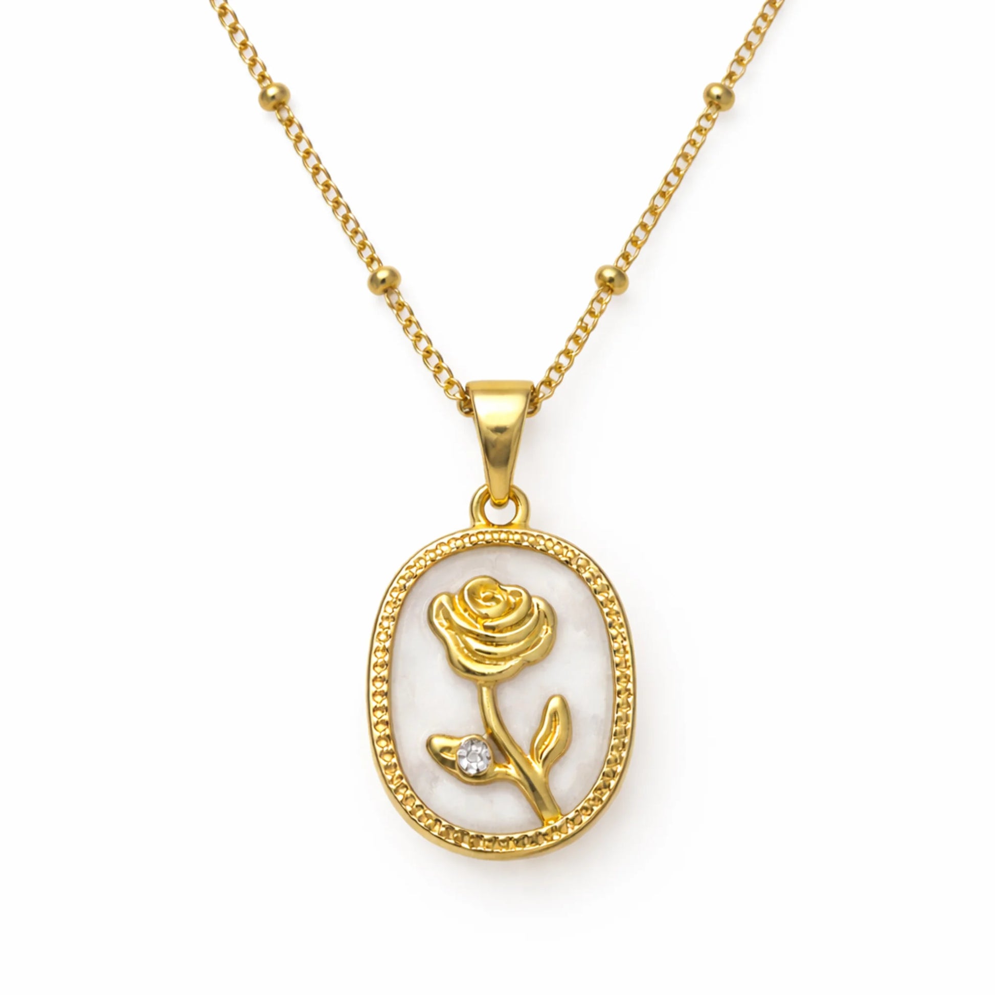 Gold necklace with a rose pendant on a white background