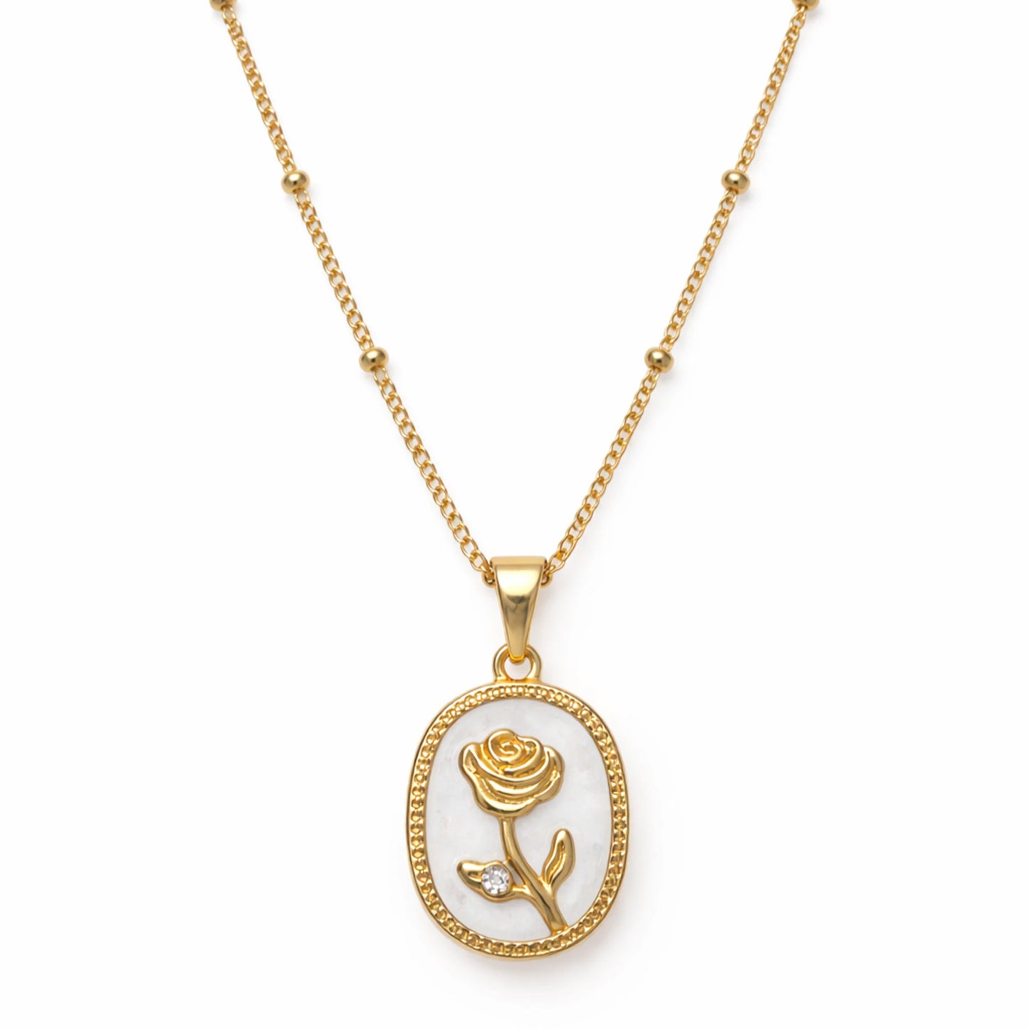 Gold necklace with a rose pendant on a white background