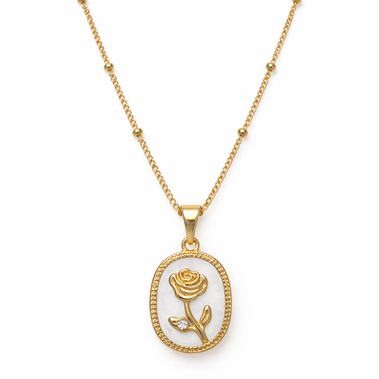Gold necklace with a rose pendant on a white background