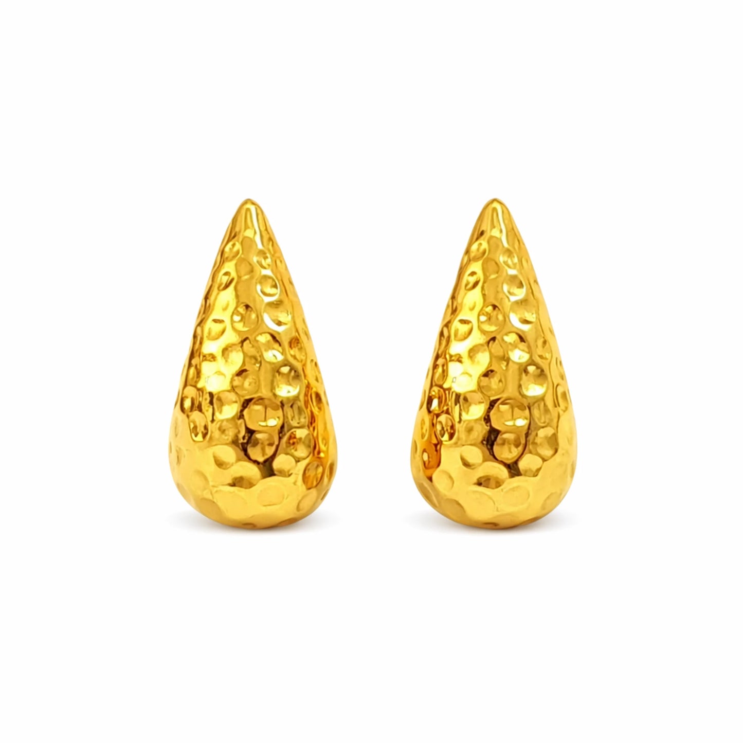 Gold teardrop-shaped earrings on a white background