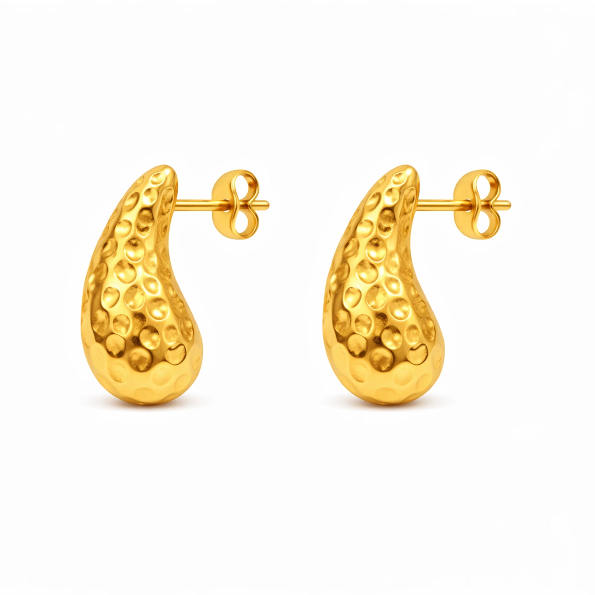 Gold hoop earrings with textured design on a white background