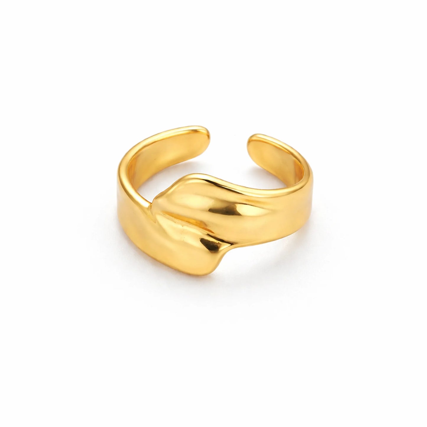 Back view of YUBIRAA adjustable sculpted gold ring showing open band and polished inner finish
