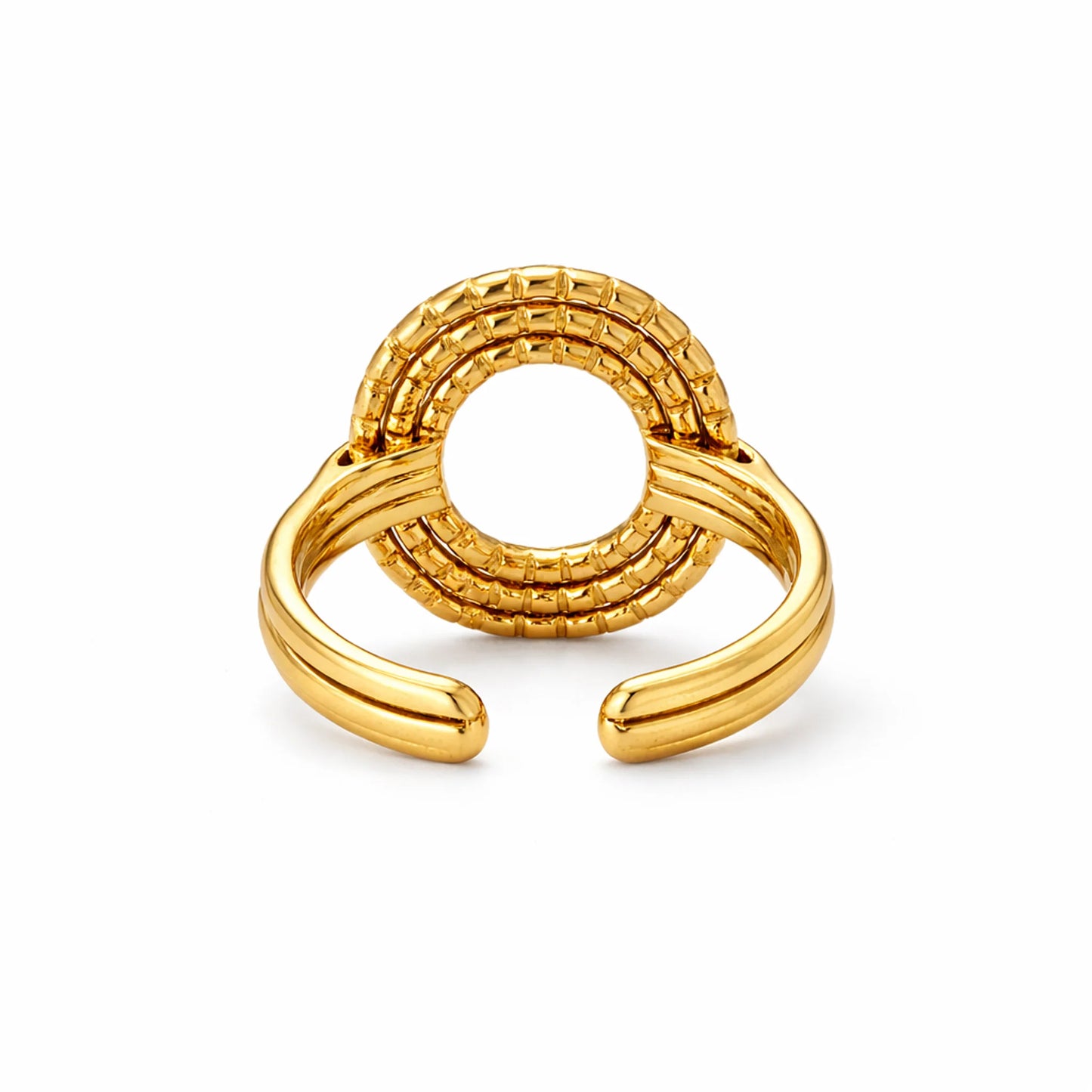 Adjustable gold open ring with circular layered motif and smooth polished band on white background