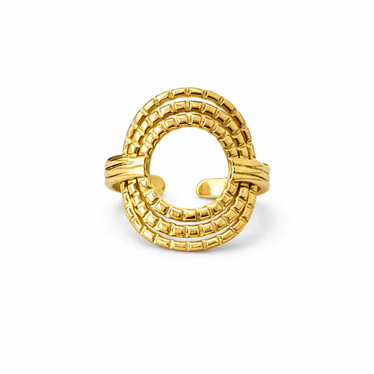 Gold circular loop ring with layered textured design, adjustable open band in anti-tarnish gold finish