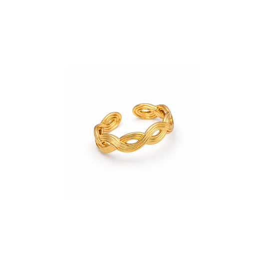 Infinity knot gold adjustable ring angled view showing braided design