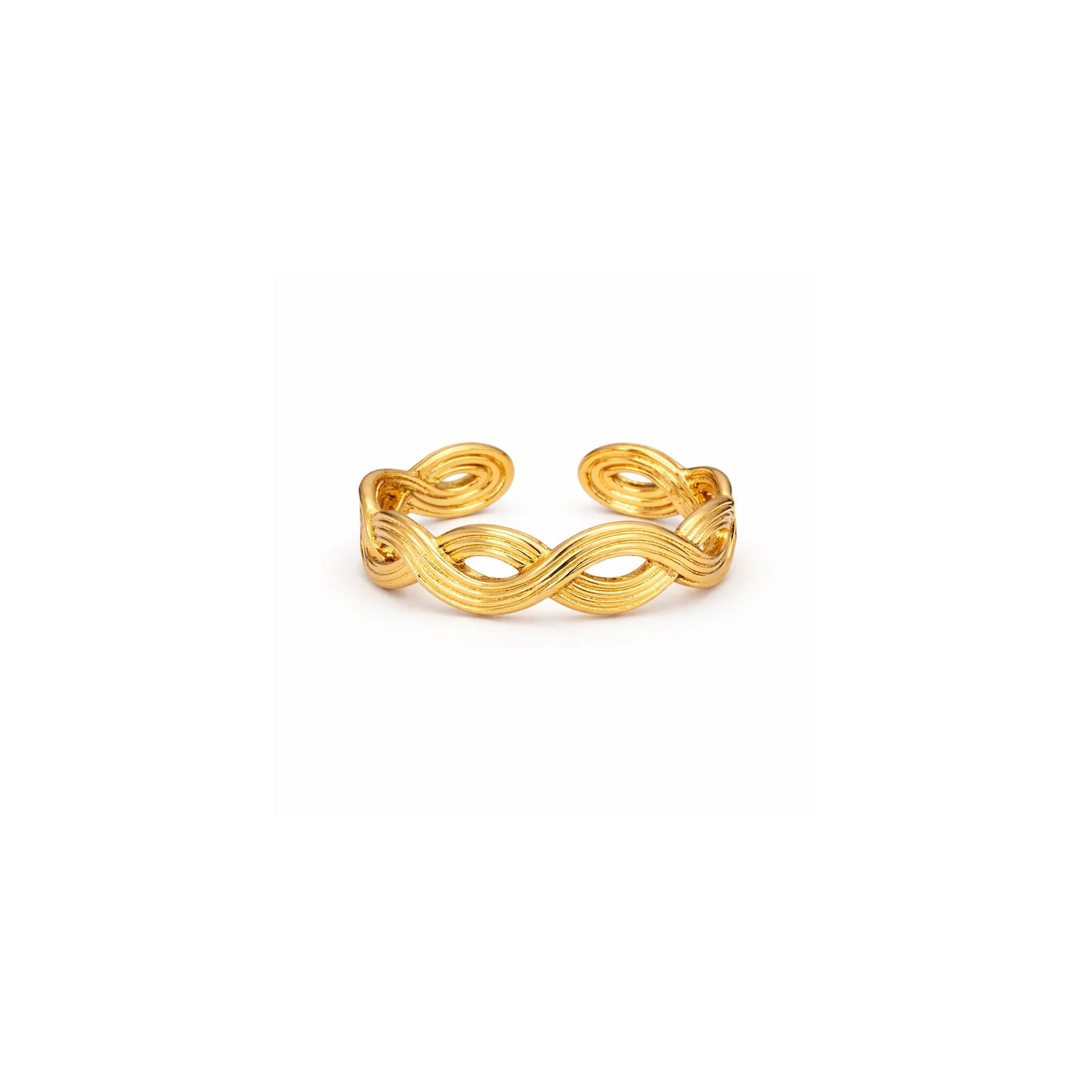 Yubiraa infinity knot adjustable gold ring front view on white background