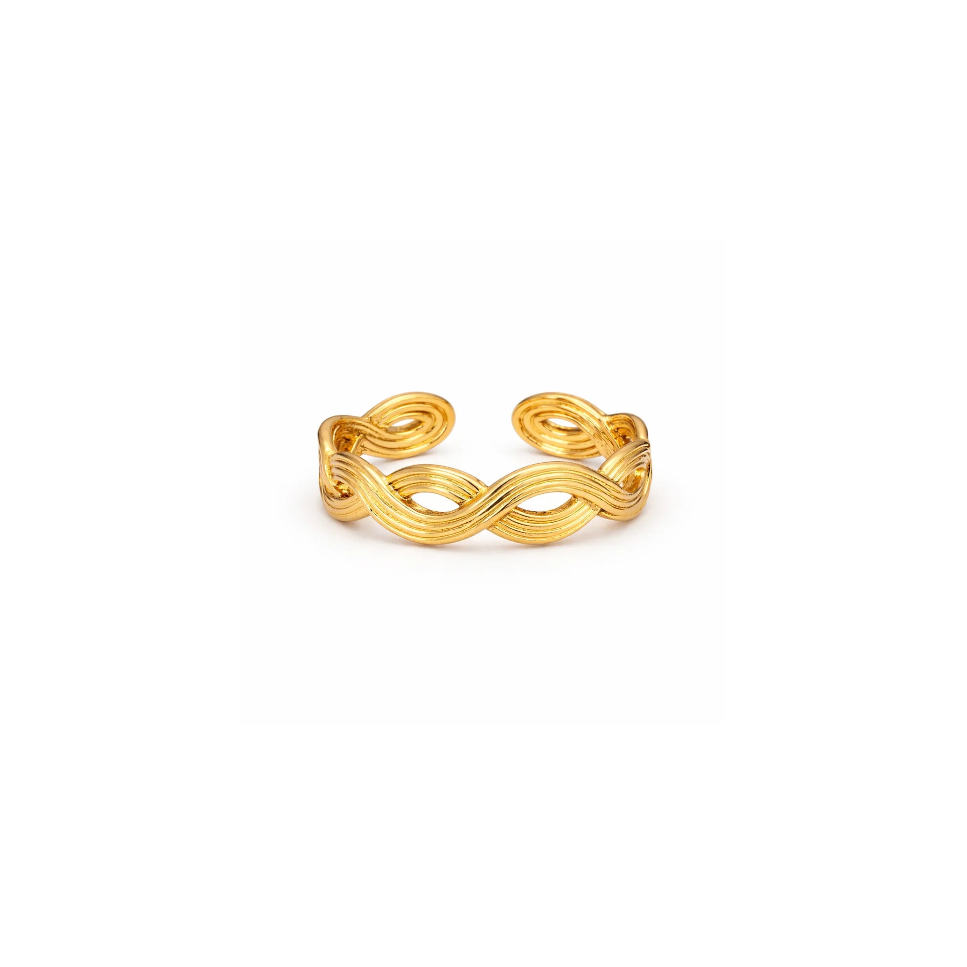 Yubiraa infinity knot adjustable gold ring front view on white background