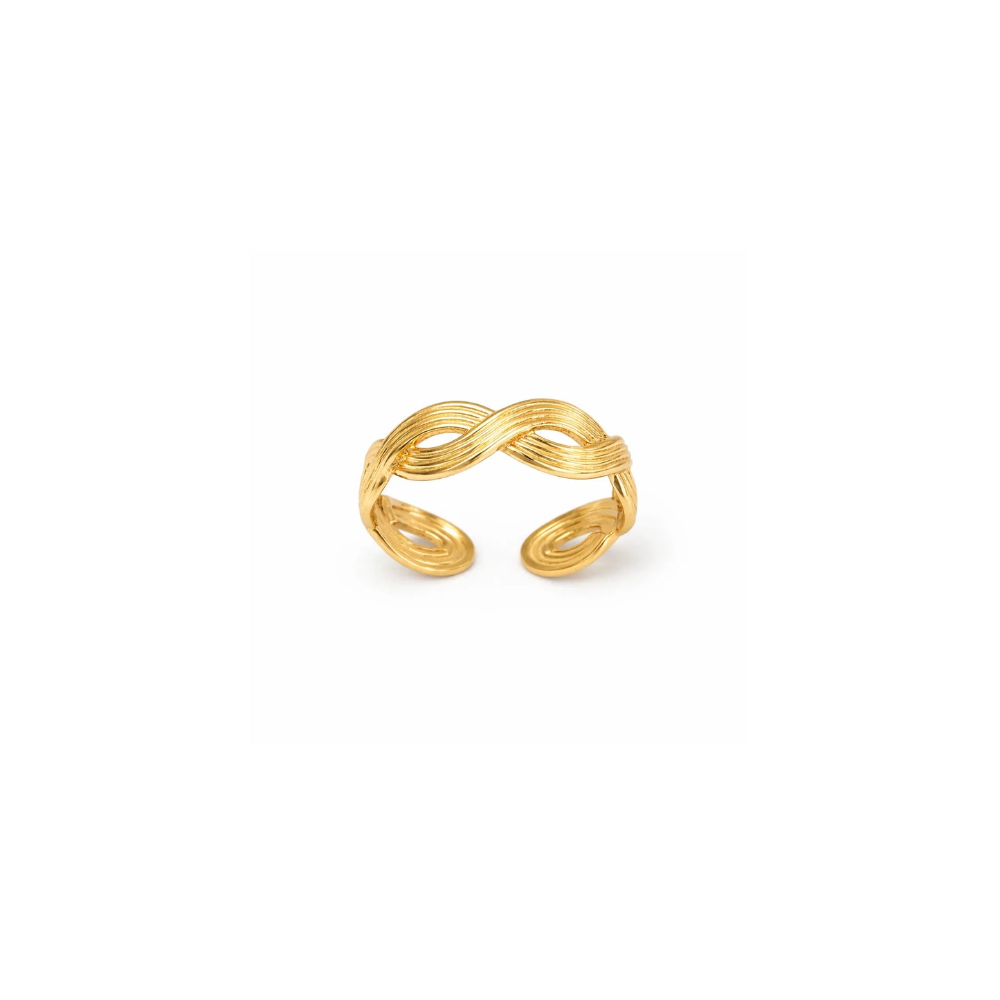 Top view of infinity knot adjustable gold ring with interwoven design