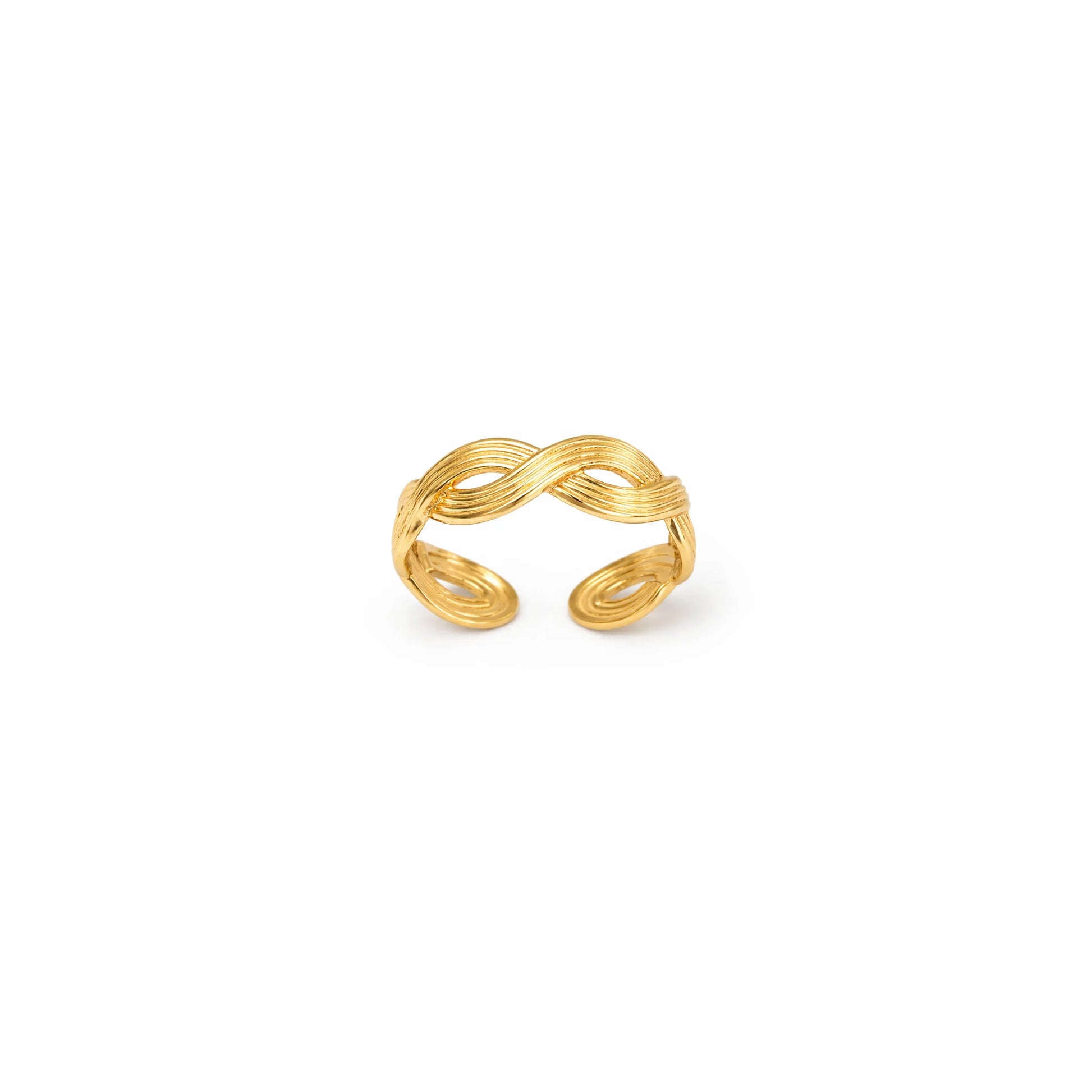 Top view of infinity knot adjustable gold ring with interwoven design