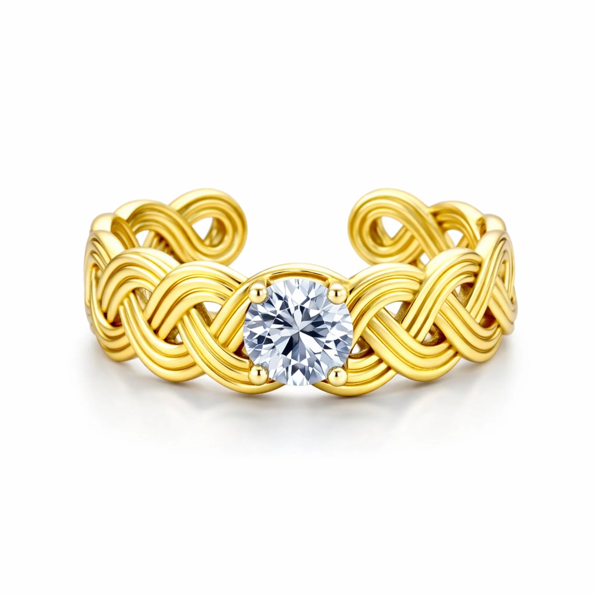 Infinity knot solitaire ring in gold finish with round-cut cubic zirconia on white background