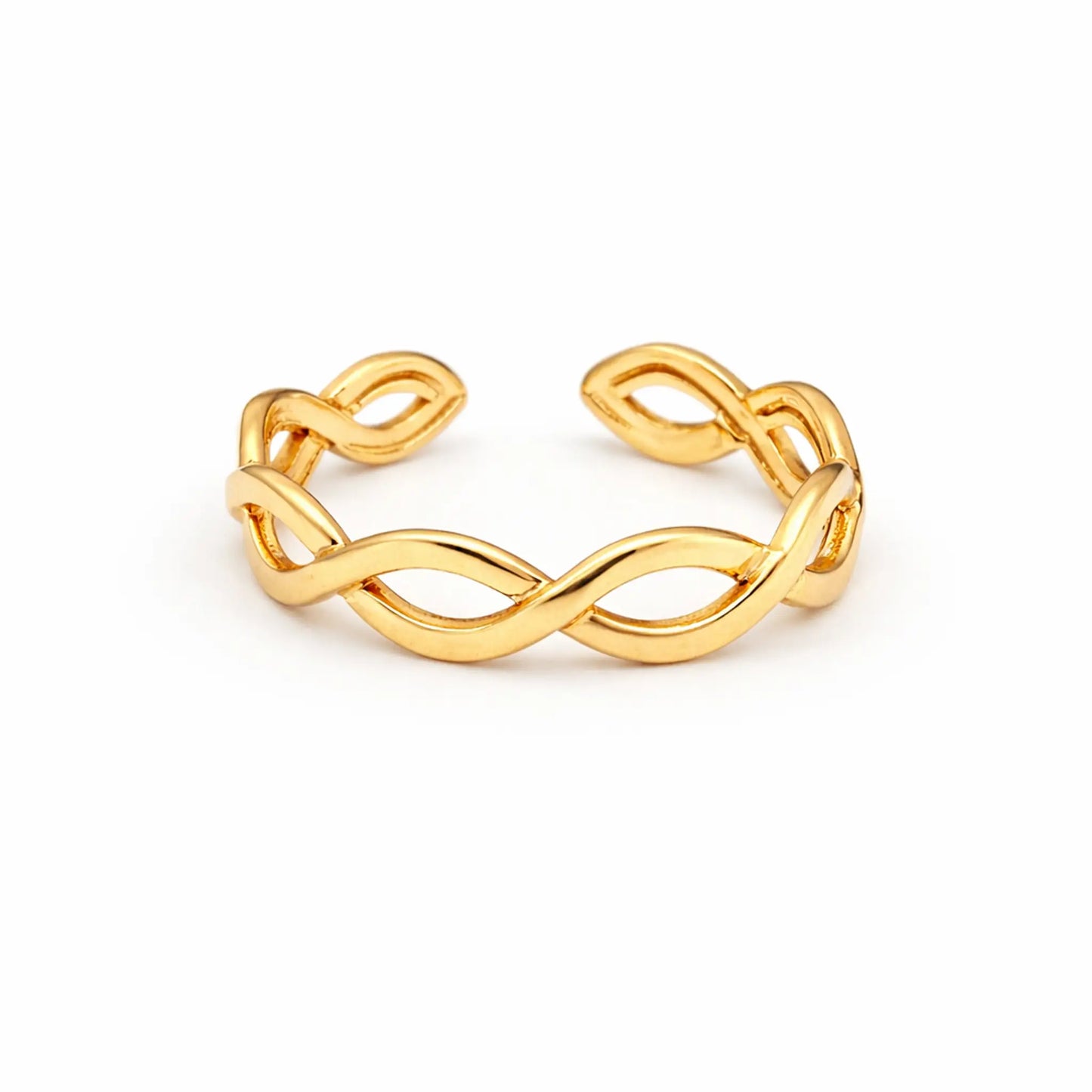 Yubiraa infinity gold ring front view, open adjustable infinity loop design in warm gold finish on white background