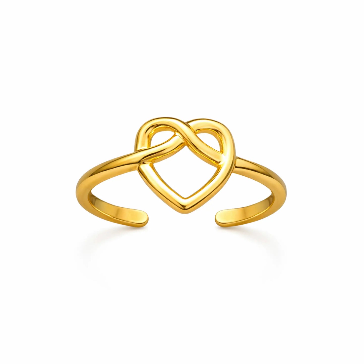 Gold heart infinity ring with open adjustable band, minimalist anti-tarnish jewellery by Yubiraa