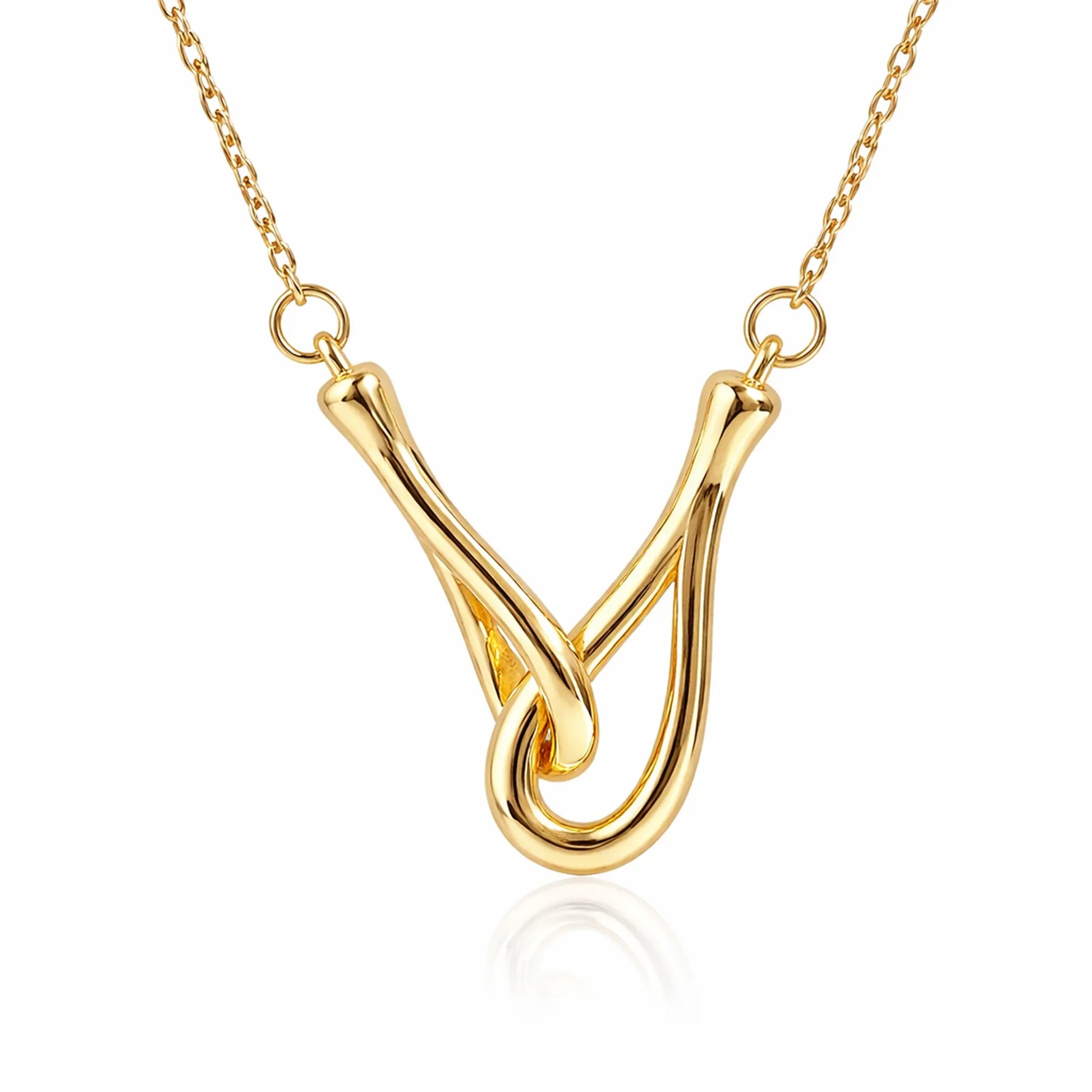 Close-up view of the Interlock Curve Necklace showing its smooth anti tarnish gold plated surface