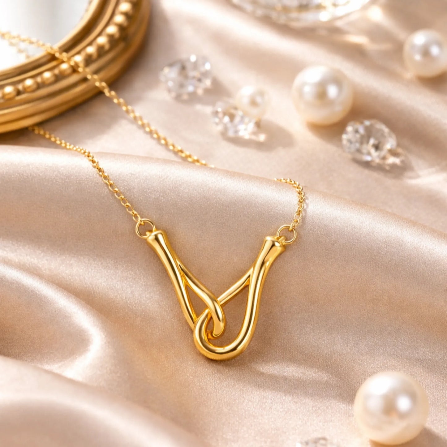 Interlock Curve Necklace styled in a soft lifestyle setting with an anti tarnish gold plated shine