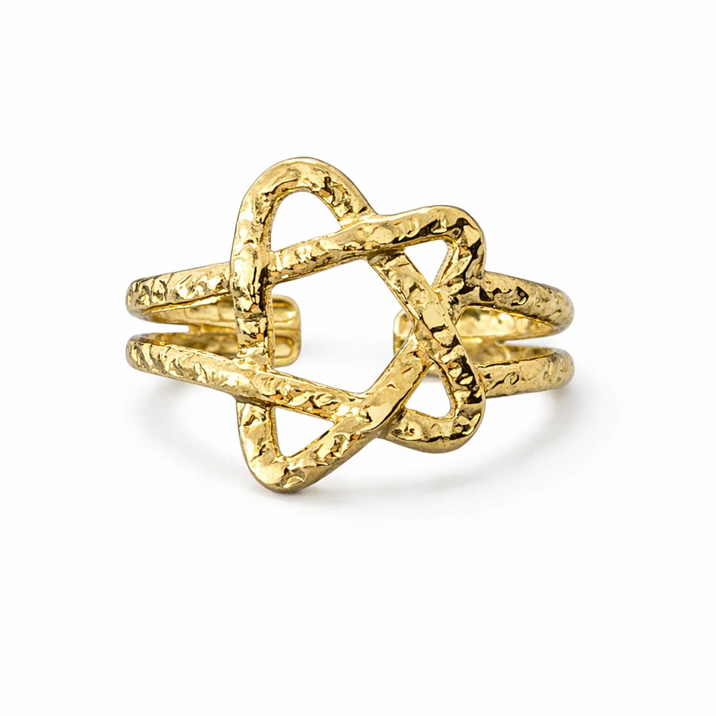 Gold star outline ring with handcrafted texture, adjustable anti-tarnish gold band on white background