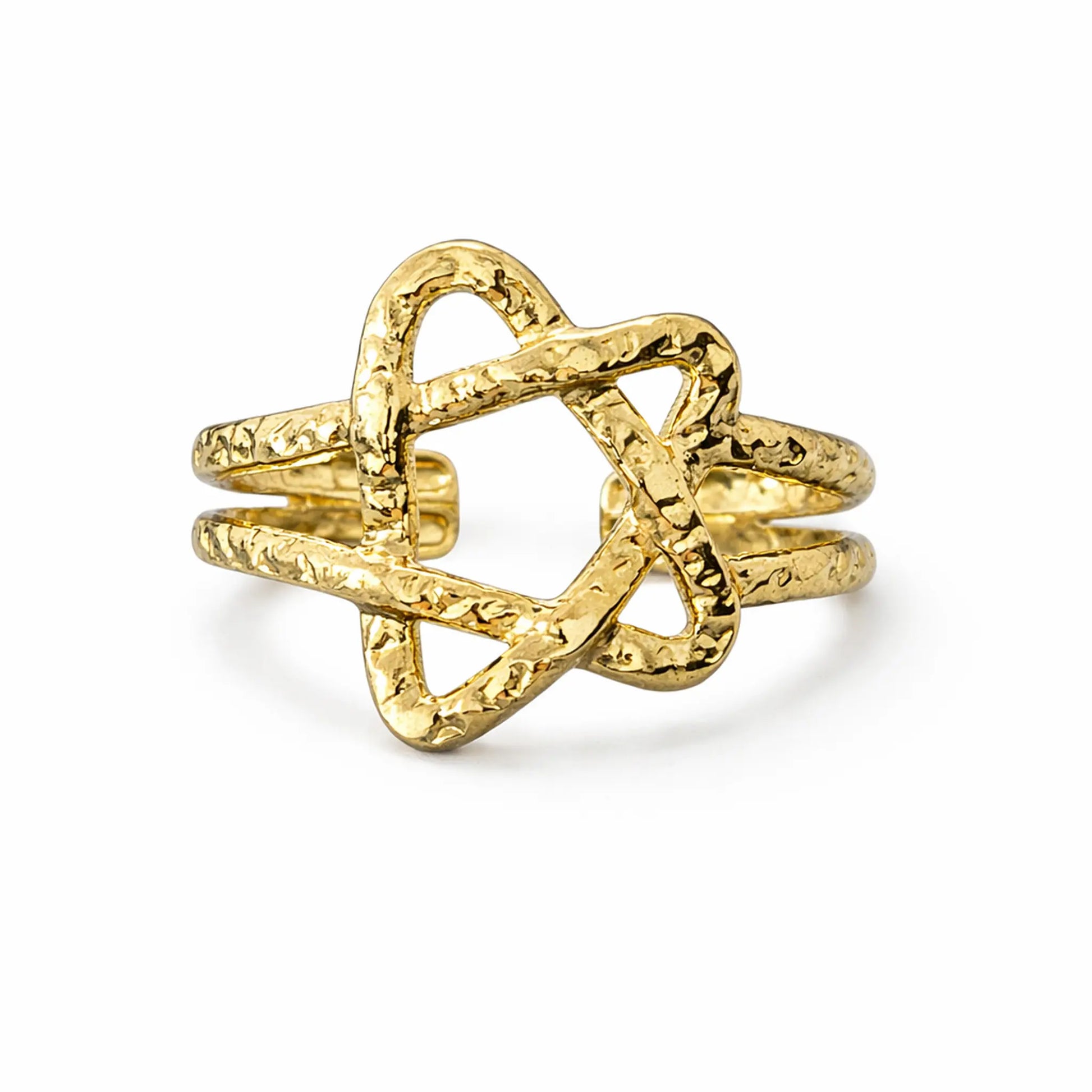 Gold star outline ring with handcrafted texture, adjustable anti-tarnish gold band on white background