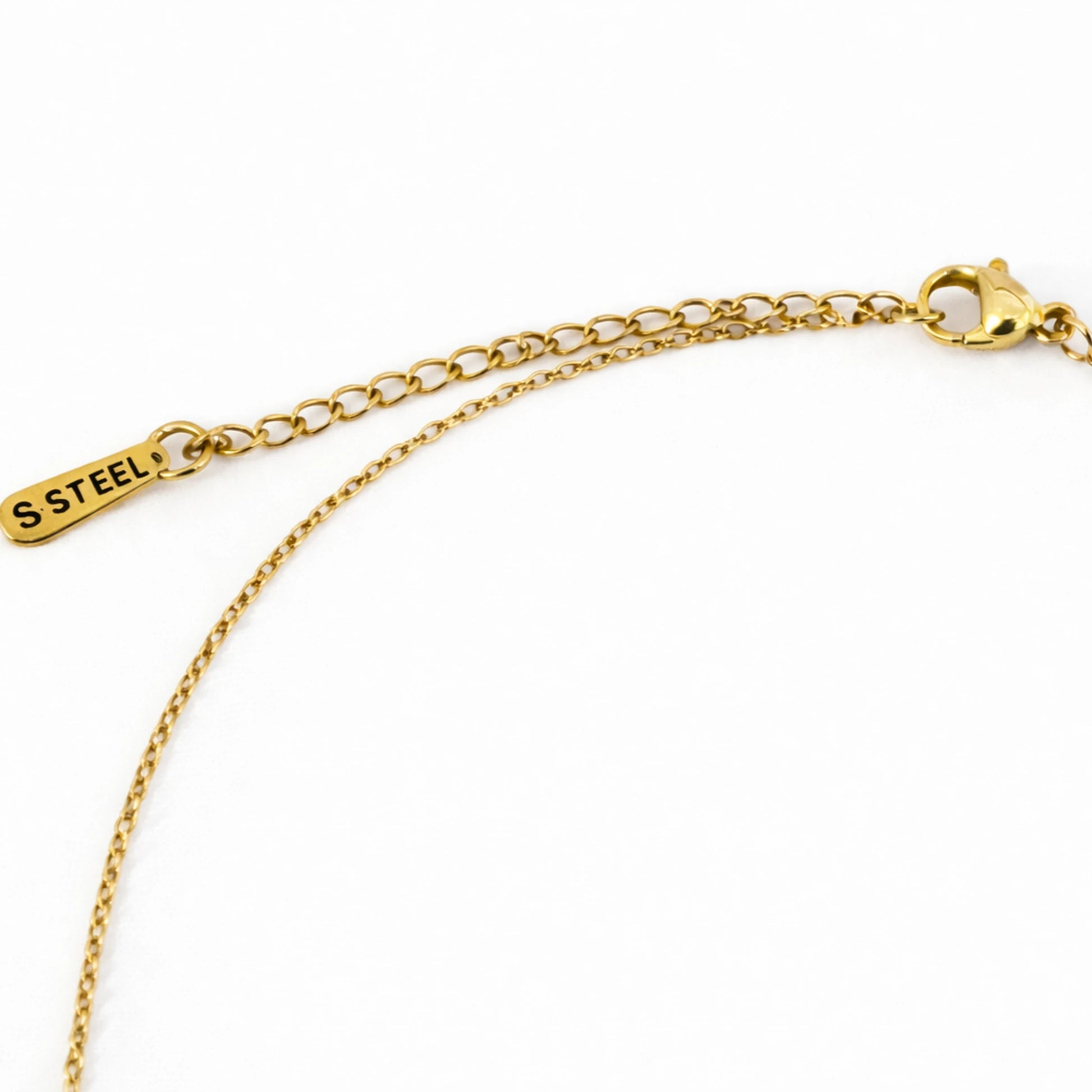 Gold chain bracelet with a tag labeled 'S Steel' on a white background