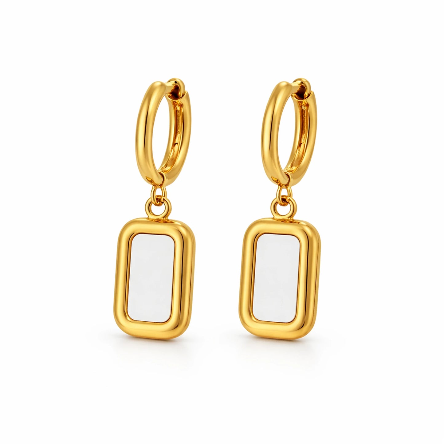 Gold hoop earrings with white rectangular charms on a white background