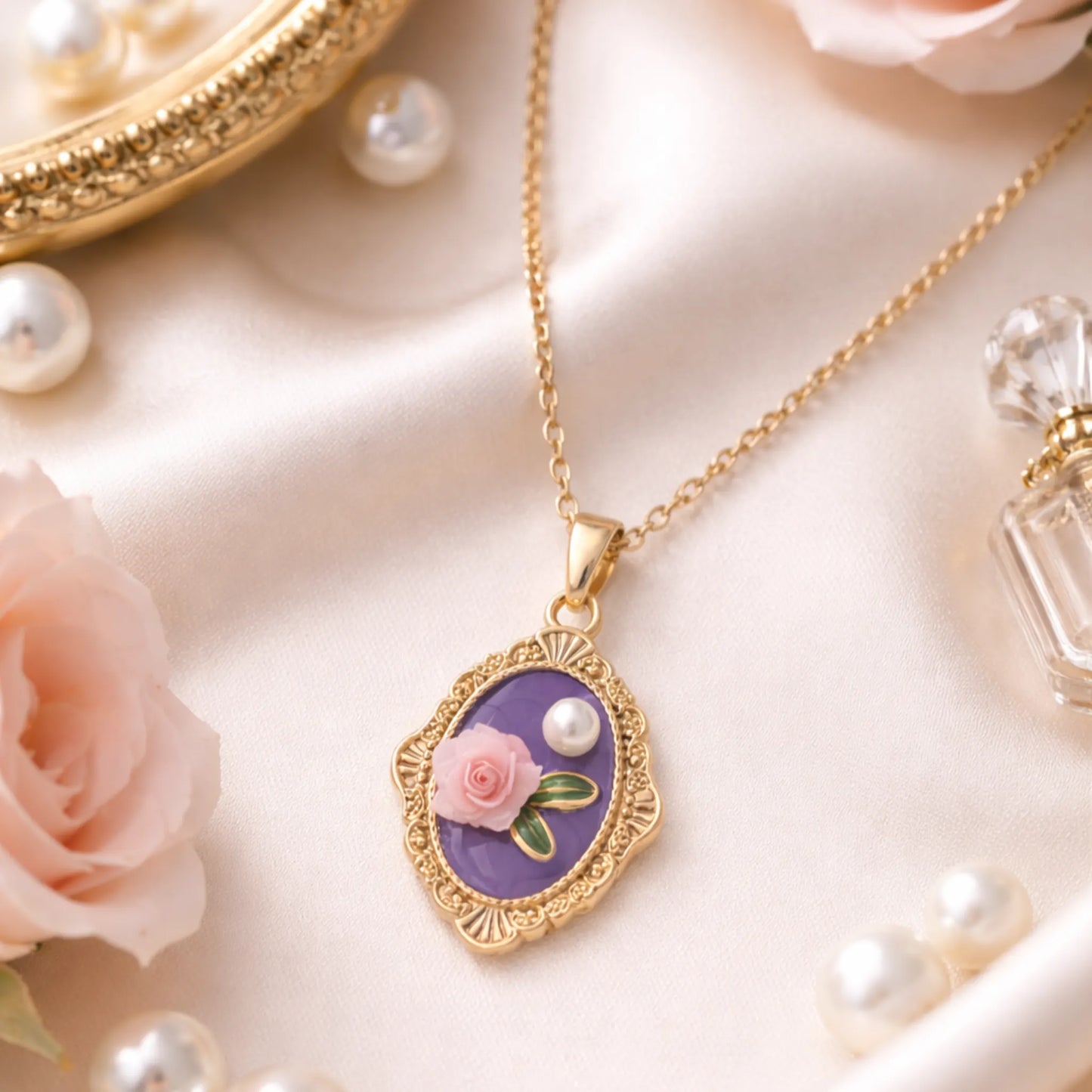 Anti-tarnish gold plated vintage rose necklace styled on soft satin fabric with pearls and floral accents, showcasing elegant feminine design.