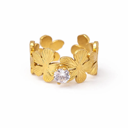 Gold love in bloom flower adjustable ring with round cubic zirconia center on white background – yubiraa