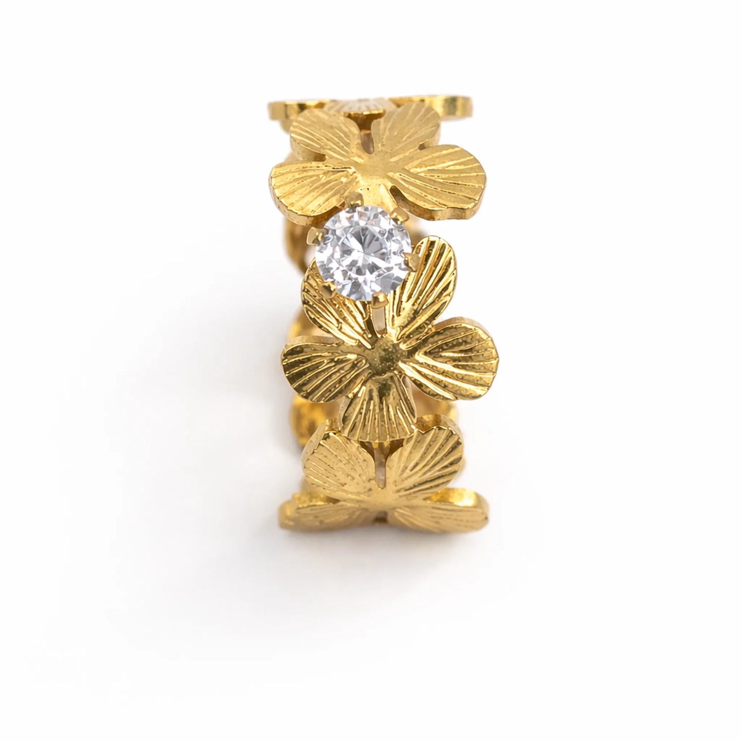 Adjustable gold love in bloom flower ring featuring layered floral motifs and round cubic zirconia – yubiraa