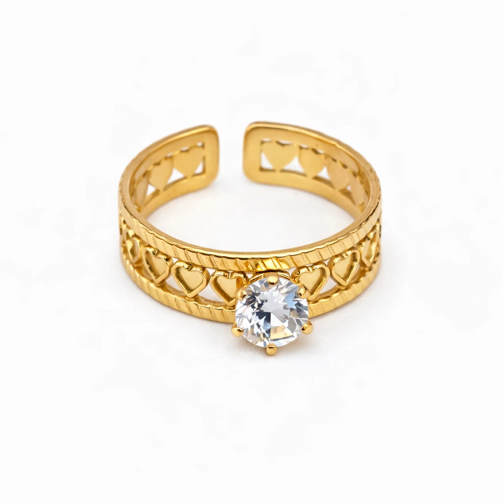 Angled view of gold love loop ring featuring heart-inspired loop design and sparkling solitaire stone – yubiraa