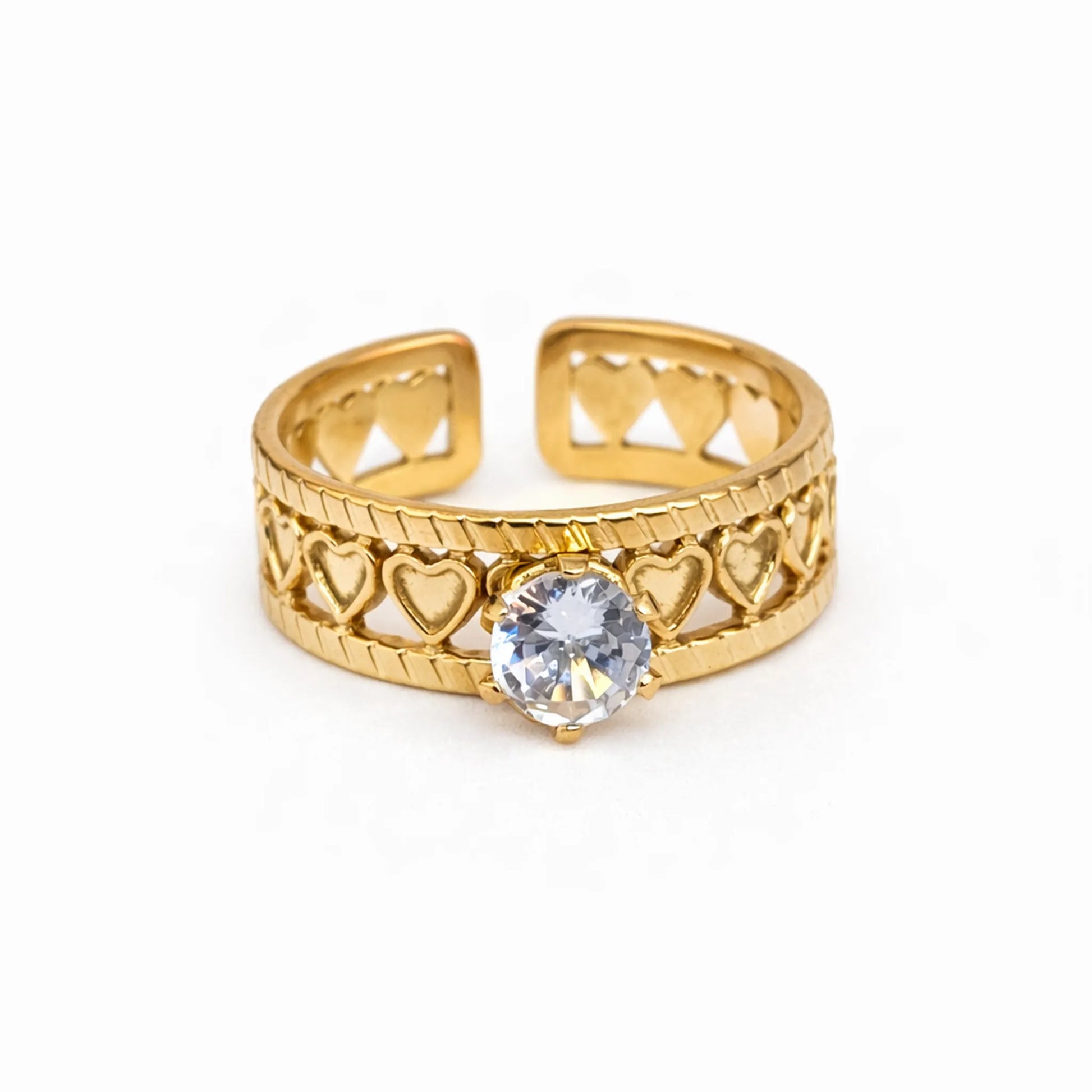 Side view of love loop solitaire ring with polished gold finish and heart loop detailing – yubiraa