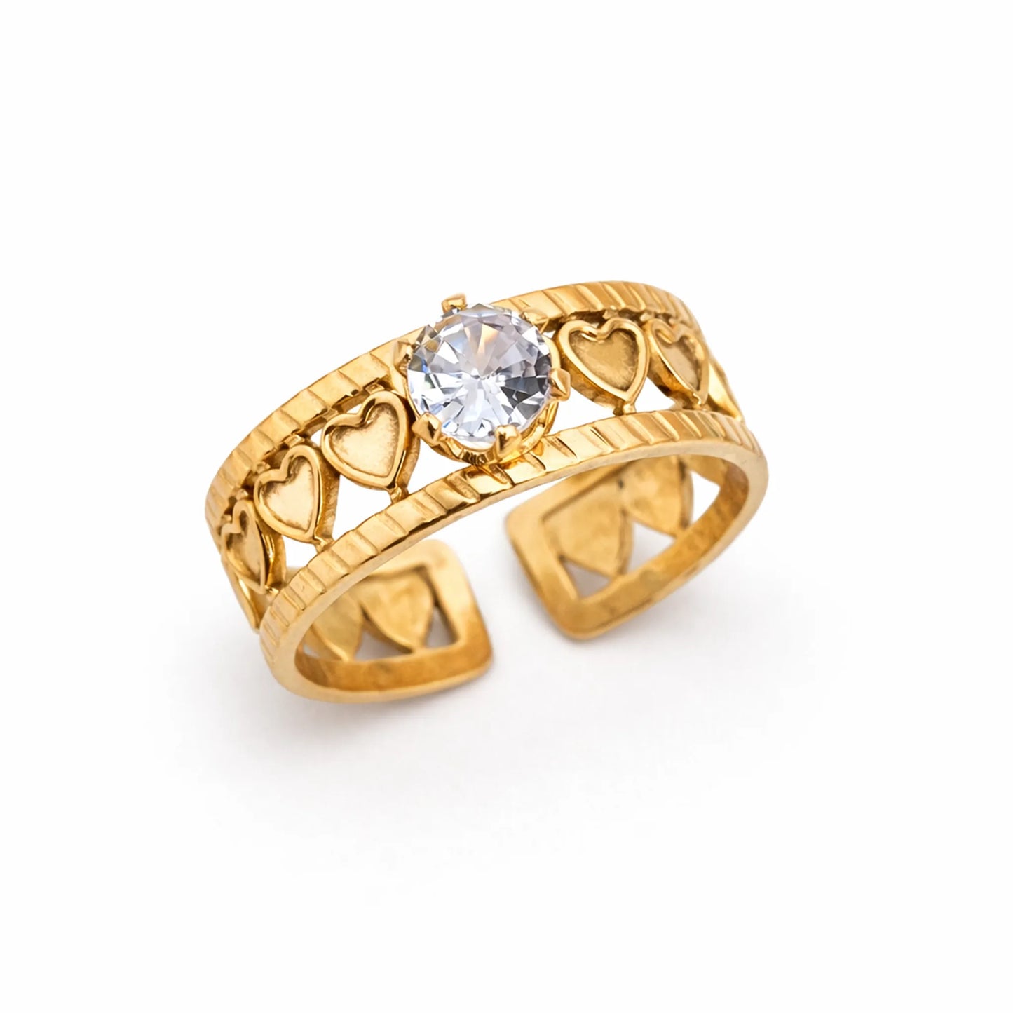 Gold love loop solitaire ring with heart loop band and round cubic zirconia center stone on white background – yubiraa