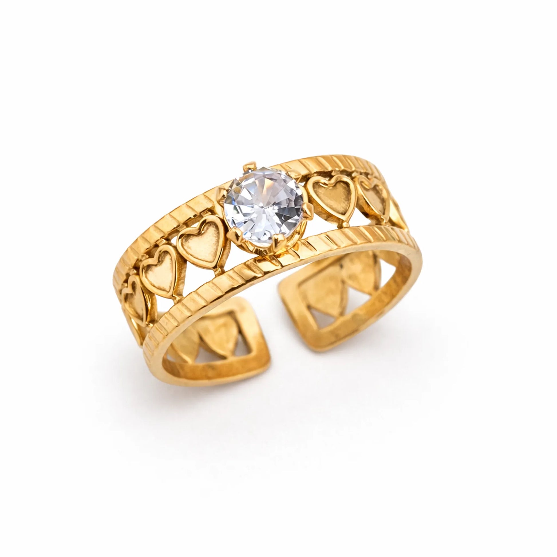 Gold love loop solitaire ring with heart loop band and round cubic zirconia center stone on white background – yubiraa