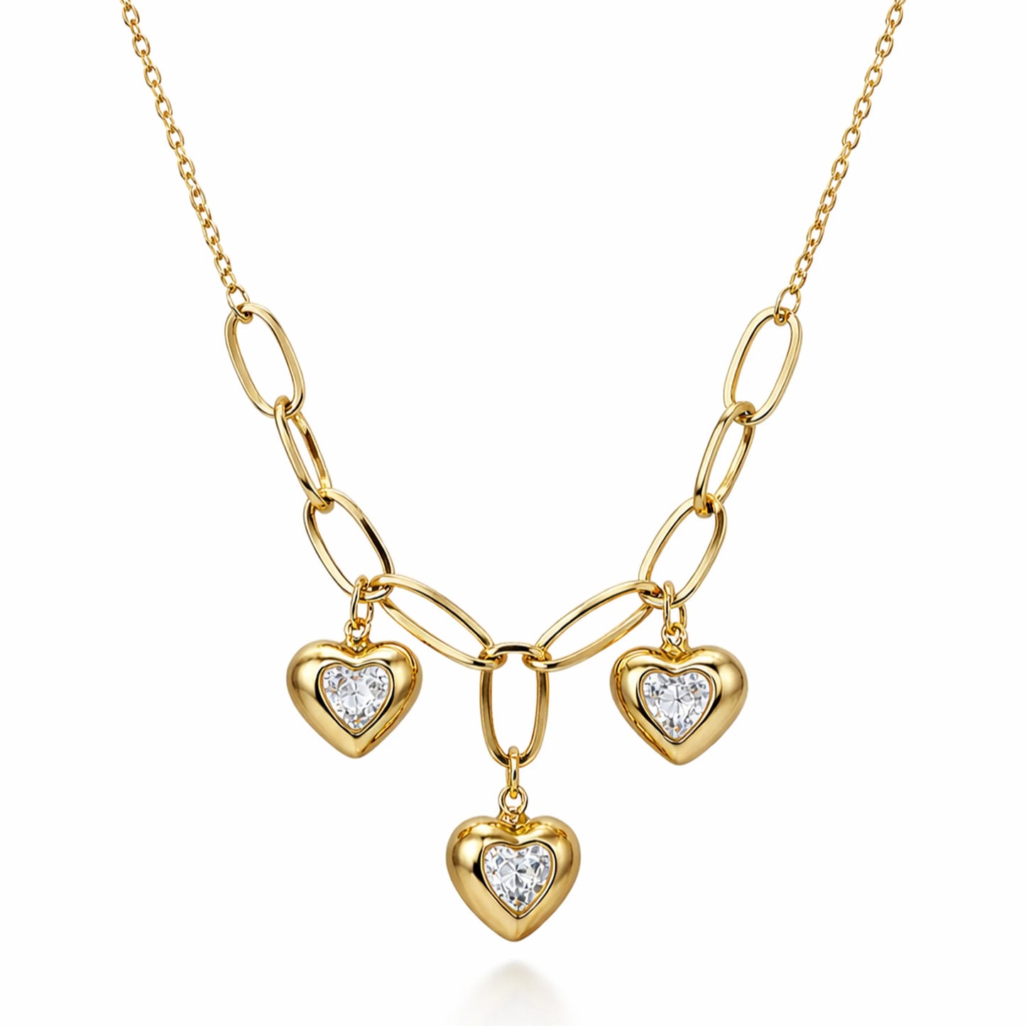 Gold necklace with heart-shaped pendants on a white background