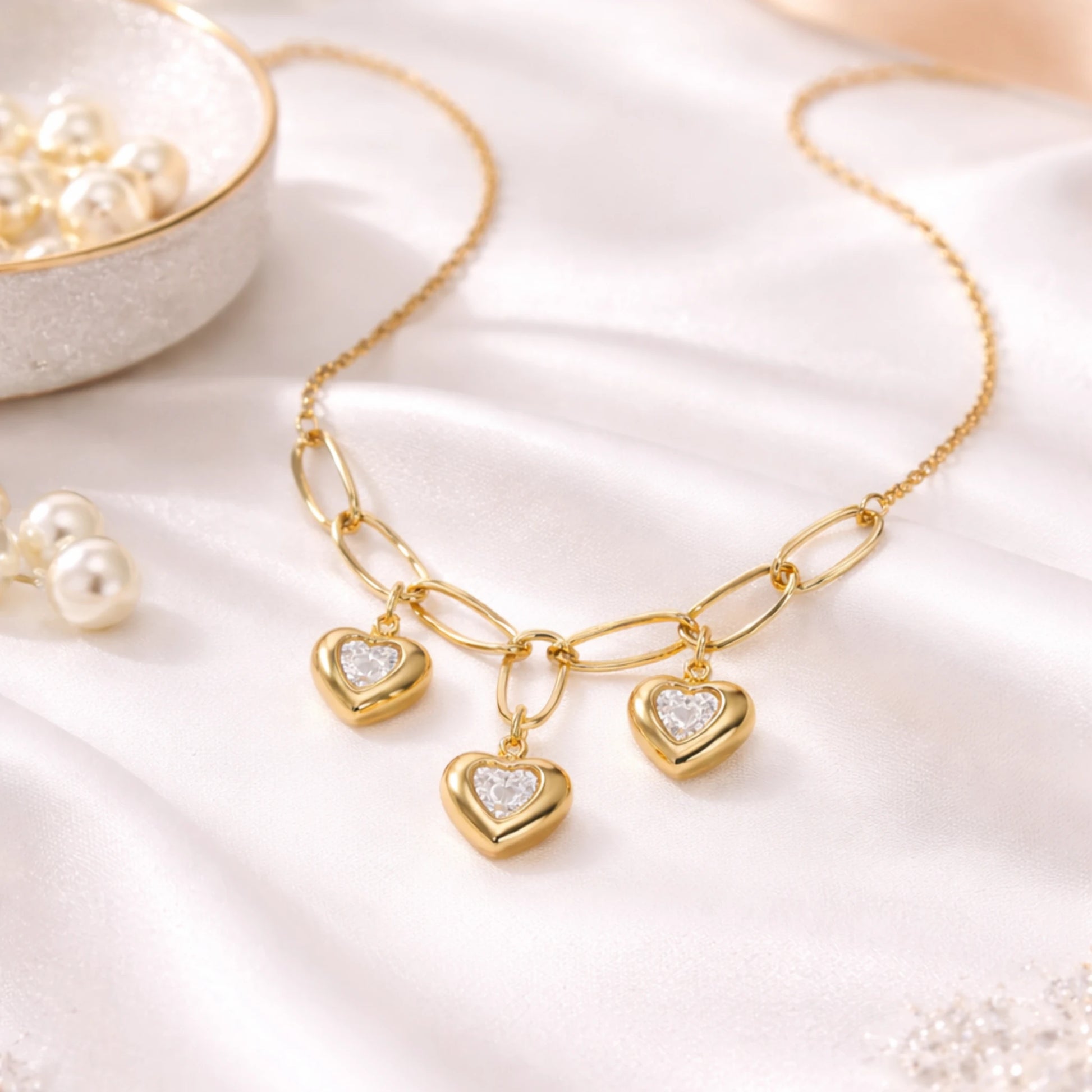 Gold necklace with heart-shaped pendants on a light background