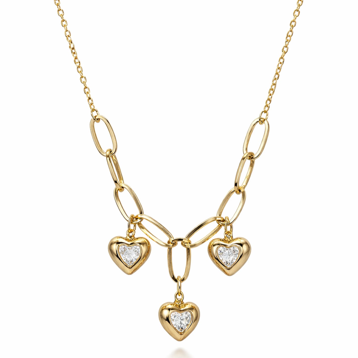 Gold necklace with heart-shaped pendants on a white background