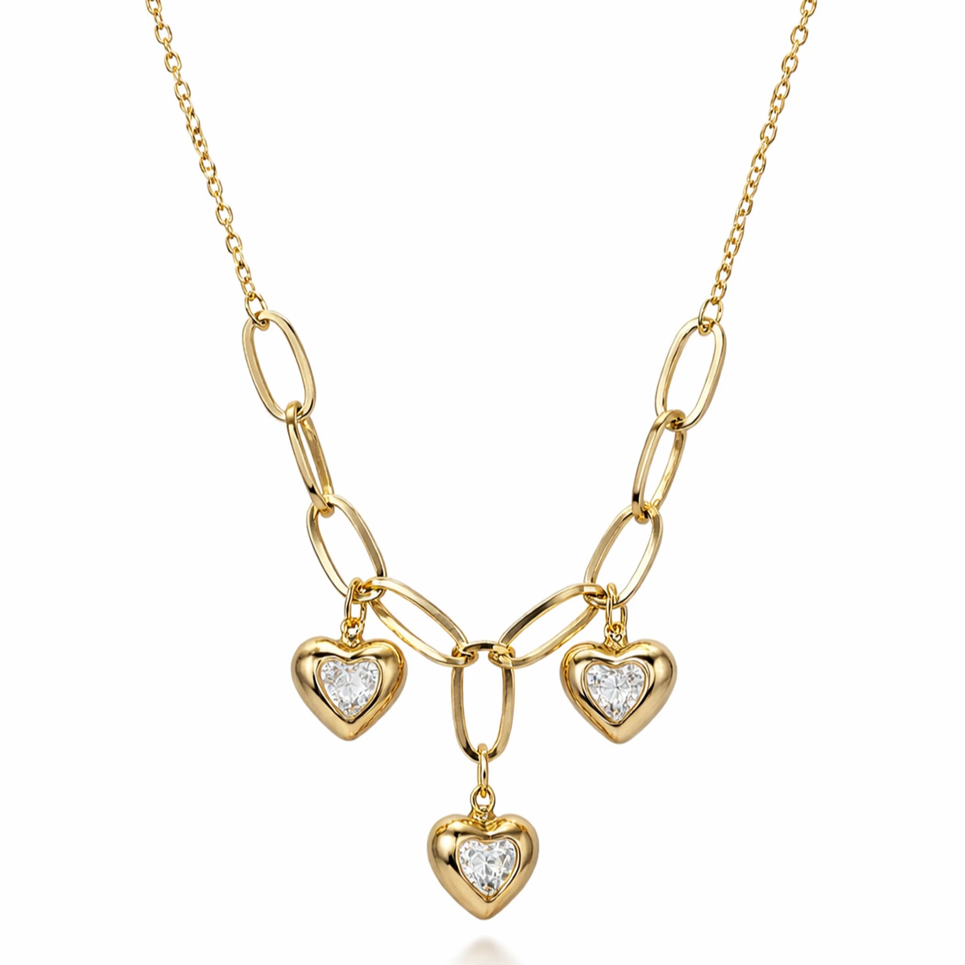 Gold necklace with heart-shaped pendants on a white background