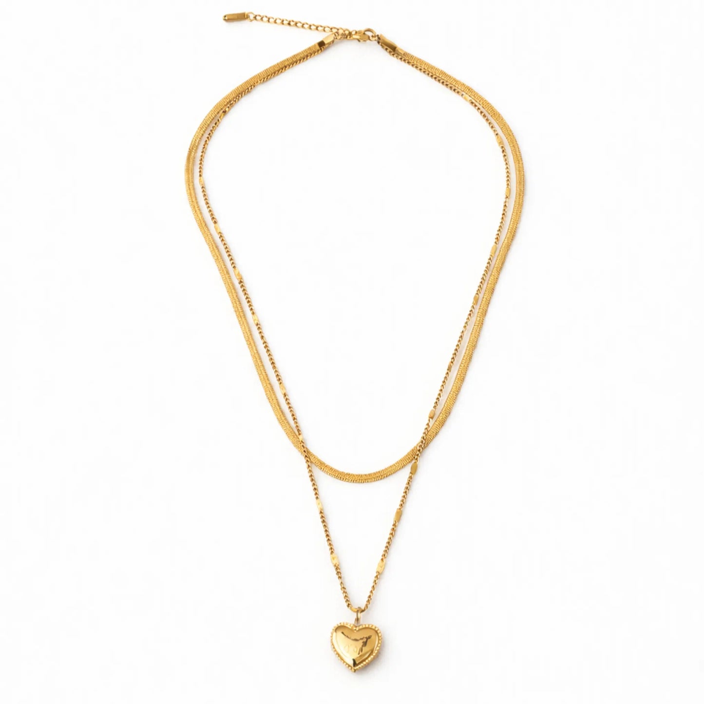 Gold plated anti tarnish double layered necklace with a heart pendant on a white background