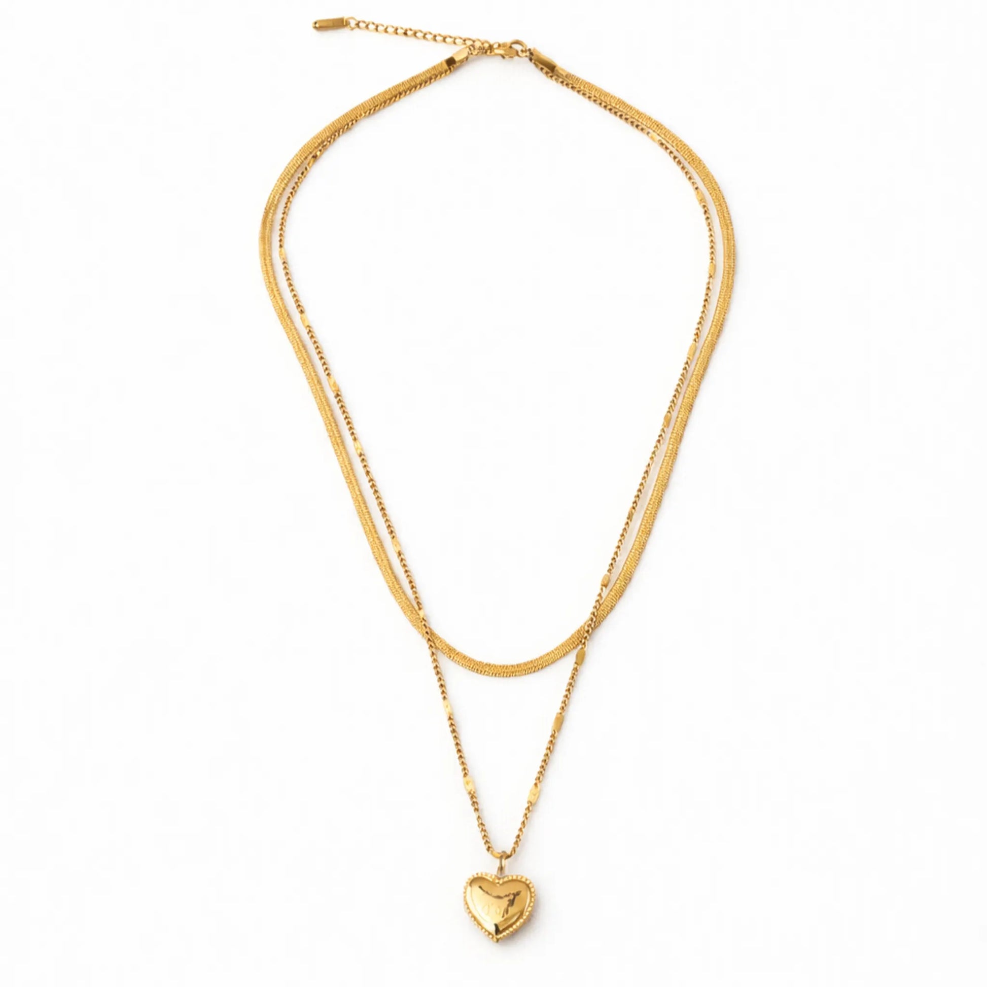 Gold plated anti tarnish double layered necklace with a heart pendant on a white background