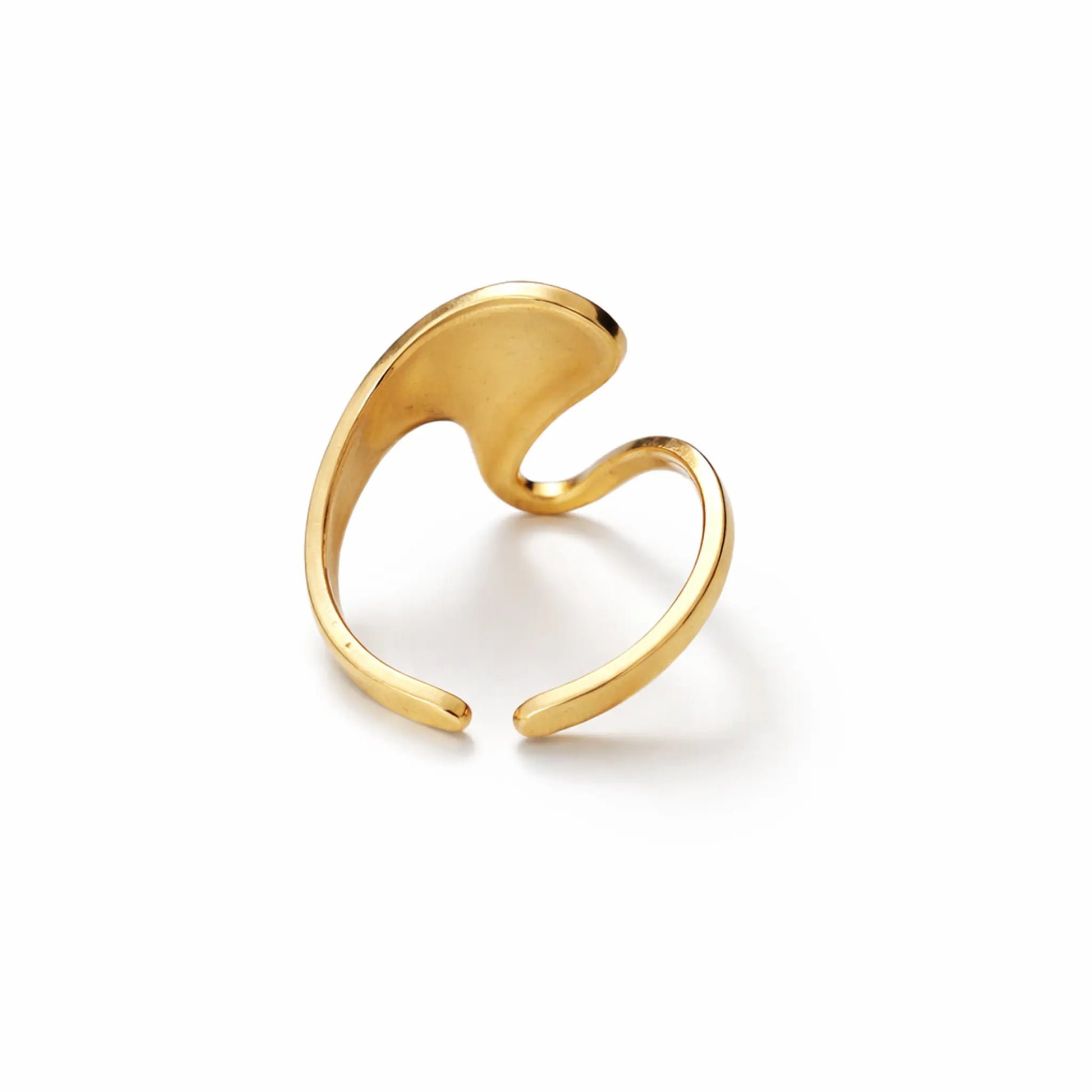 Back view of YUBIRAA adjustable sculpted gold ring showing open band and smooth polished interior