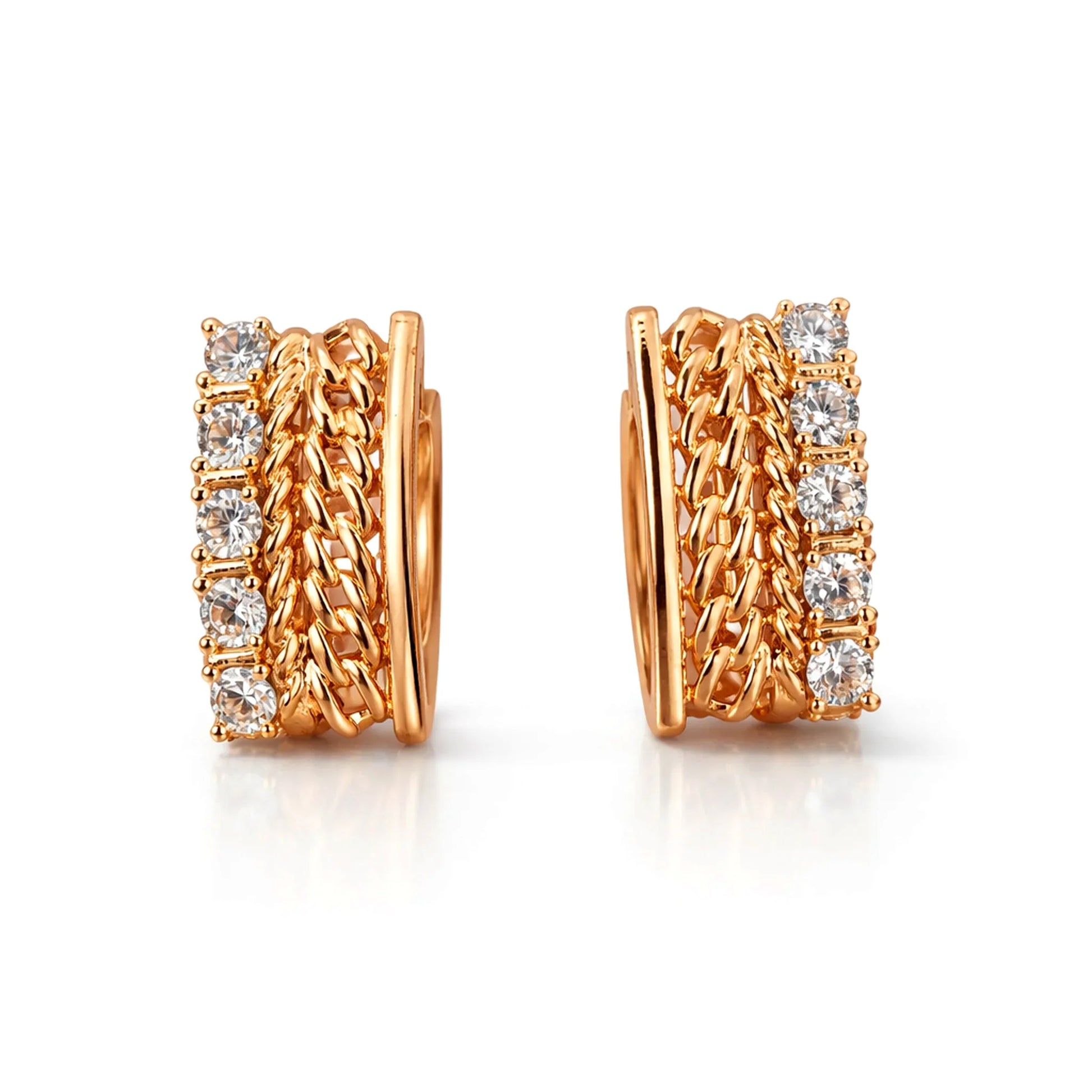 YUBIRAA diamond and chain detailed gold huggie hoop earrings, front view on white background