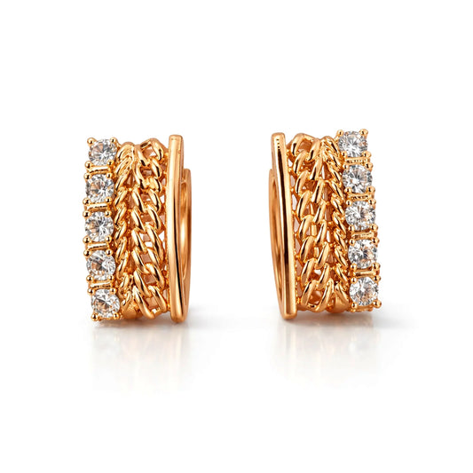 YUBIRAA diamond and chain detailed gold huggie hoop earrings, front view on white background